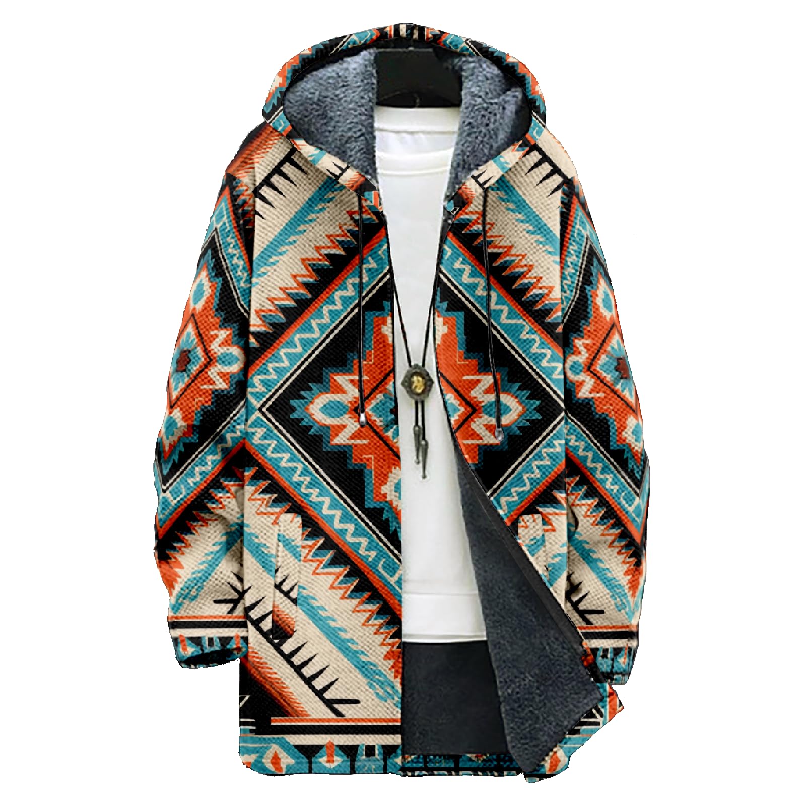 Mens Oversized Western Aztec Long Hooded Cardigan Ethnic Vintage Tribal Print Sweater Coat with Pockets