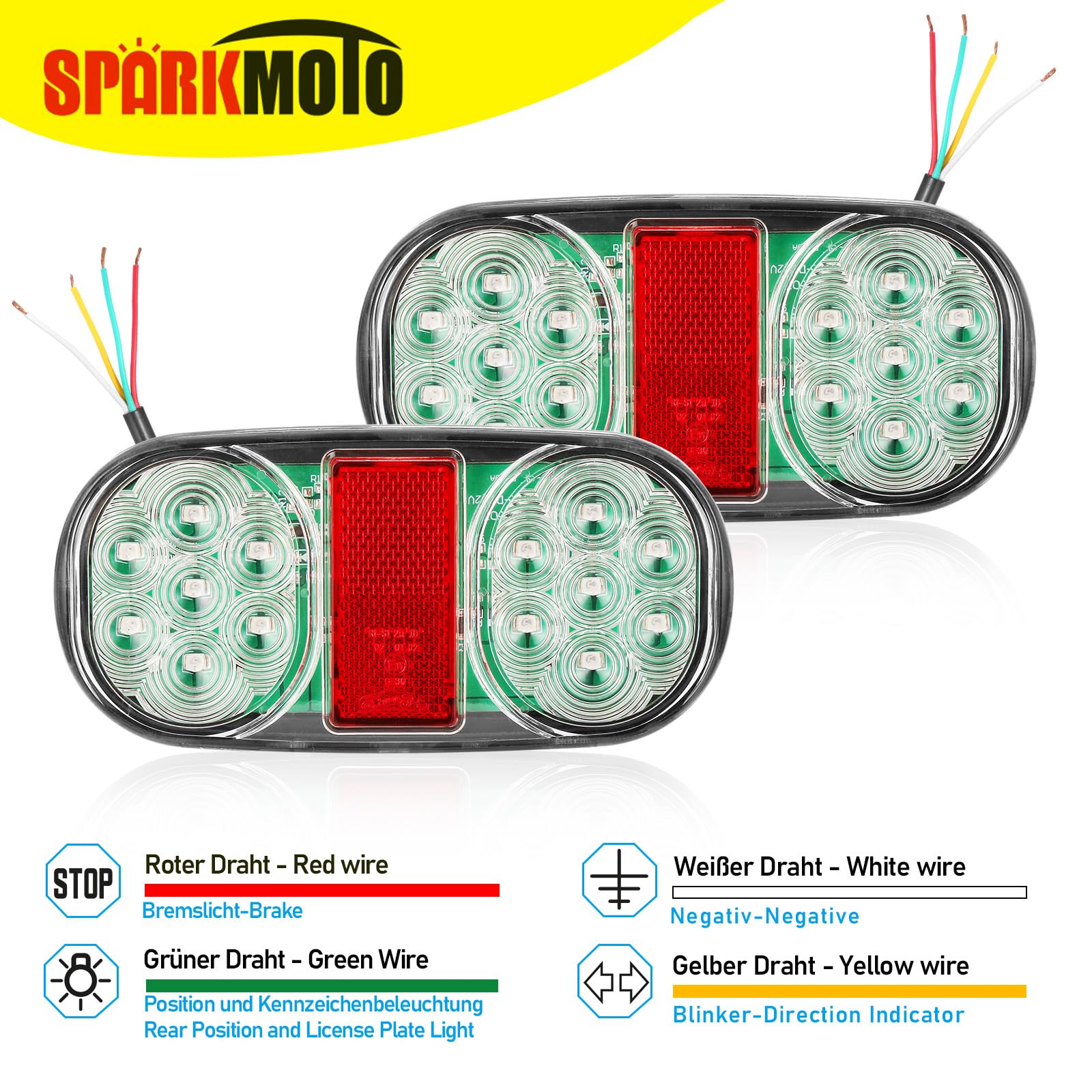 2 x tylne światła LED do przyczepy, 12 V, 5 funkcji LED, światła tylne, ze światłami hamowania, kierunkowskazami, światłami pozycyjnymi, oświetleniem tablicy rejestracyjnej, reflektorem
