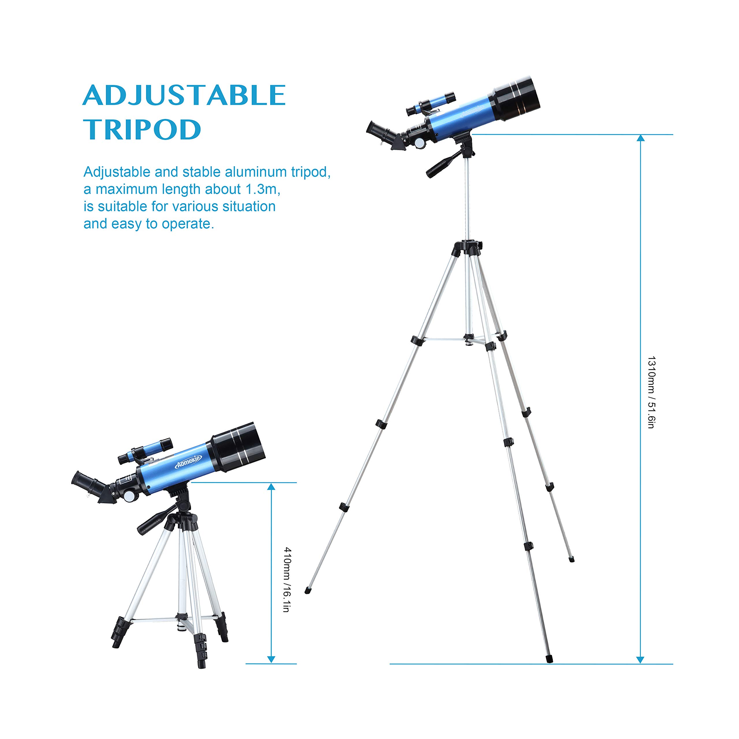 Aomekie Télescope Enfant Adulte 400/70mm Lunette Astronomique Réfracteur avec Adaptateur de Téléphone Trépied Ajustable et Chercheur pour Débutants et Amateurs pour Observer la Lune