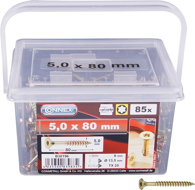 Connex Uniwersalne śruby 5,0 x 80 mm  140 sztuk w zestawie  łeb stożkowy  napęd TX Torx  gwint częściowy  ocynkowany na żółto/zestaw śrub/wiadro śrubowe / B30196