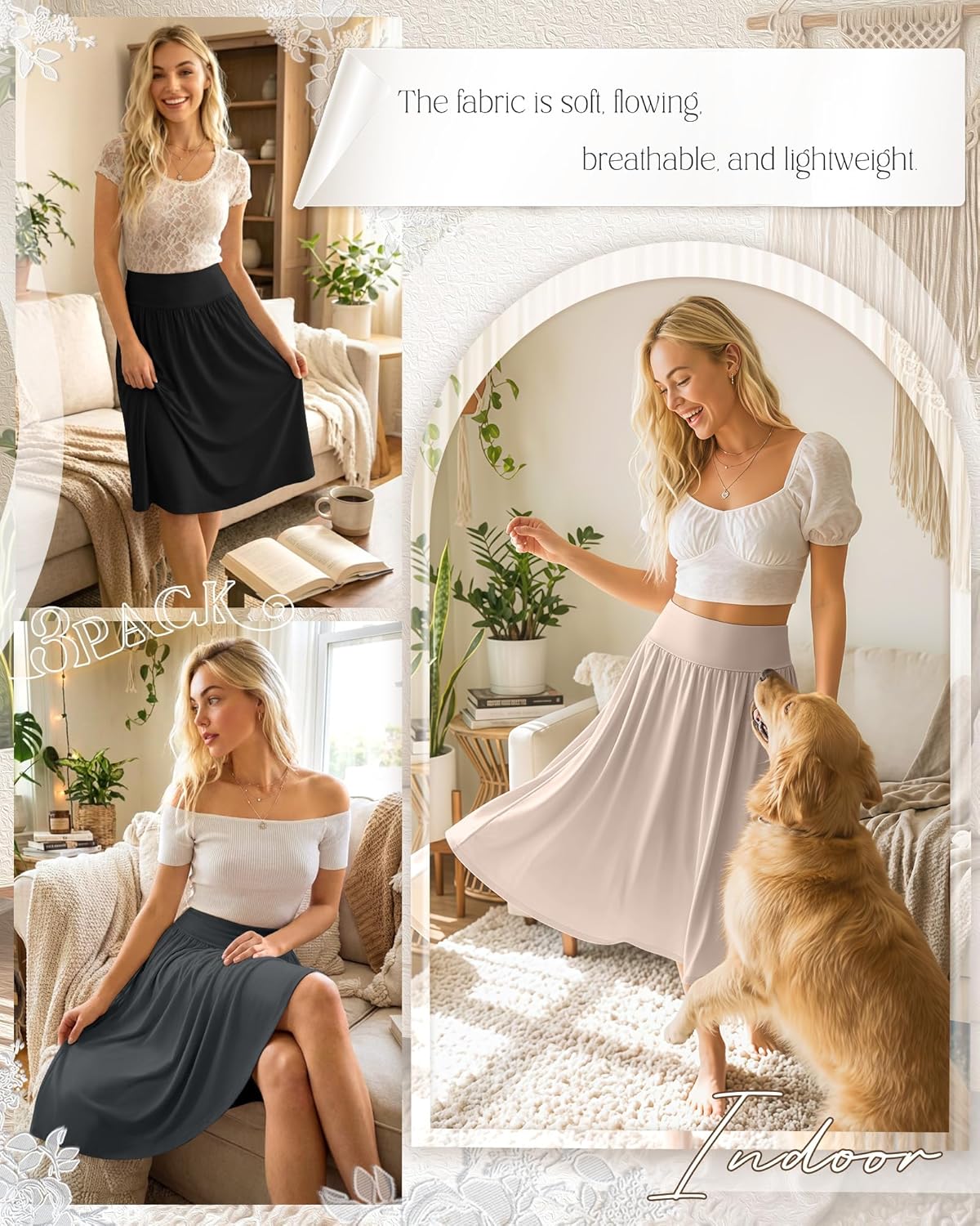 Ficerd 3 Pack Women's Knee Length Casual Skirts with Pockets, Flared High Waisted Midi Pleated Flowy a Line Summer Skirts