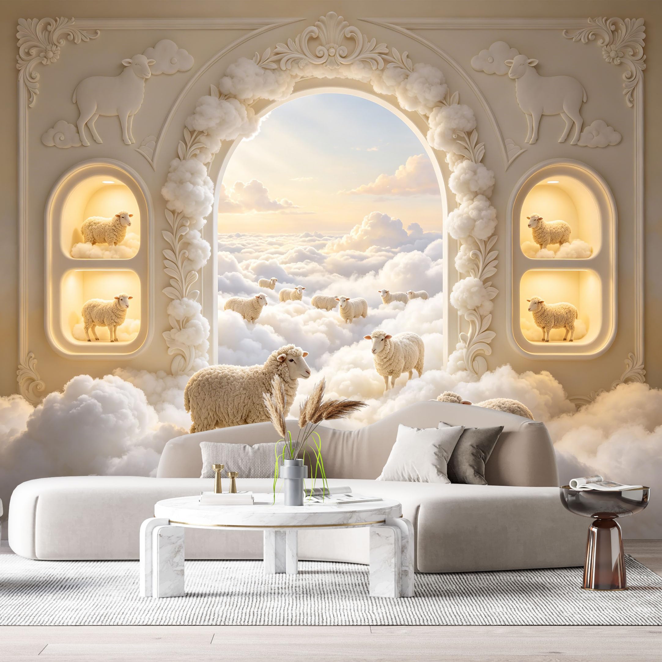 Custom Size Wall Murals Sheep Clouds Sky Archway 3D Trompe L'Oeil SelfAdhesiveWall Fabric Removable Wallpaper Wall Decor for Living Room Bedroom Bathroom