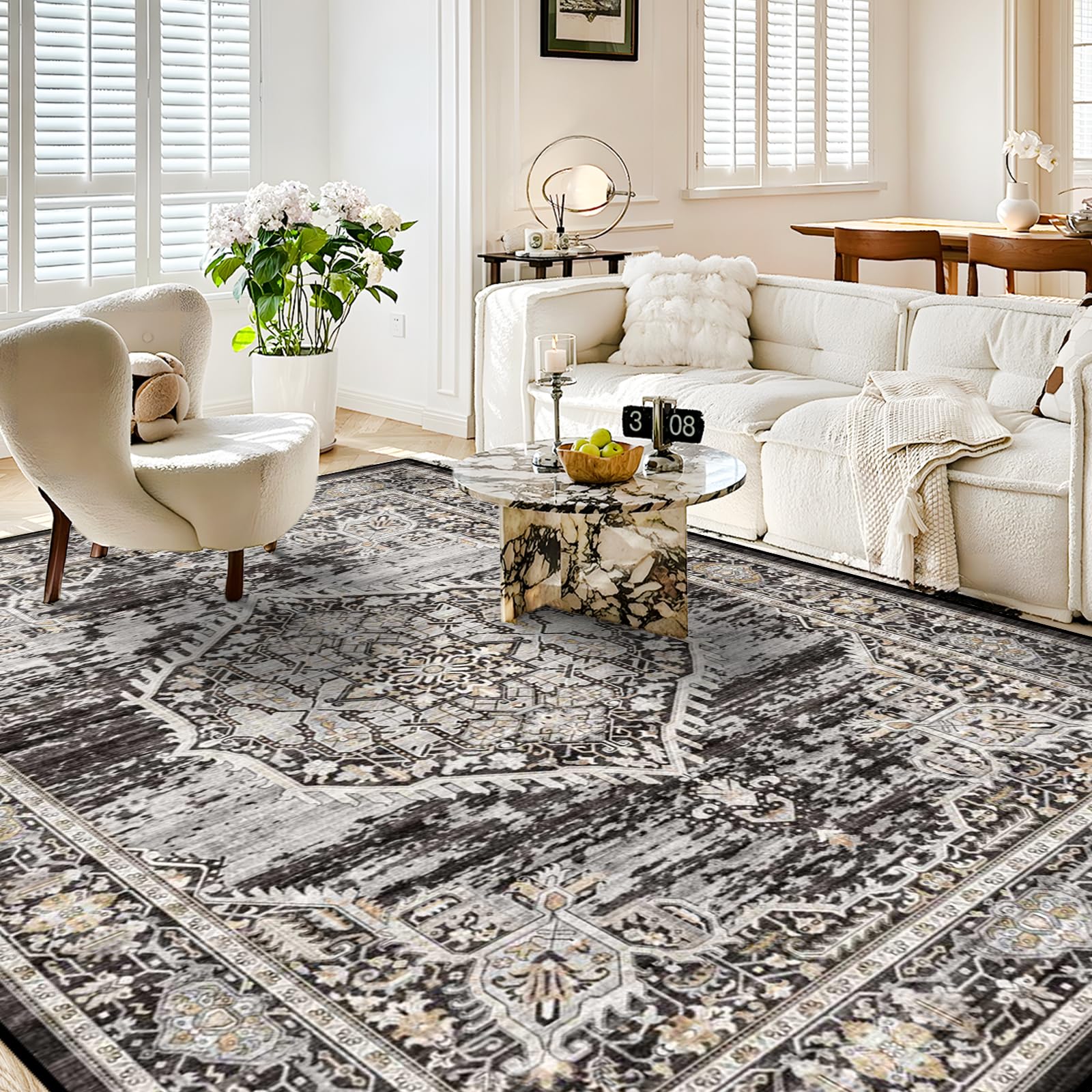 8x10 Rug Washable Area Rugs: Large Soft Living Room Rug - Distressed Stain Resistant Floor Carpet - Machine Washable Foladable Low Pile Area Rugs 8'