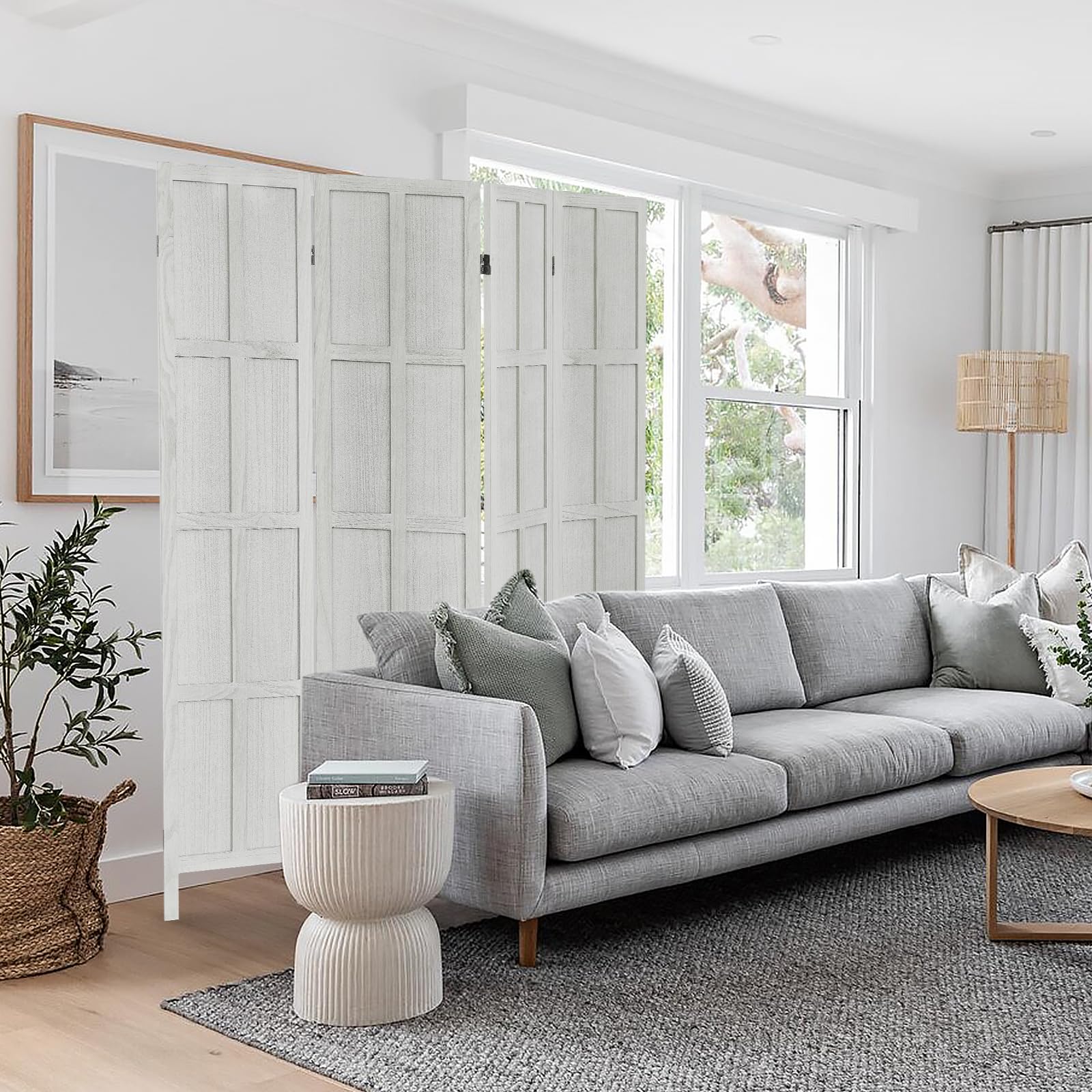 4 Panel Room Divider, 5.6 feet, Wood Room Dividers and Folding Privacy Screens, Room Divider Wall Freestanding Room Partitions, Room Dividers Screen for Home Office Restaurant Bedroom, White