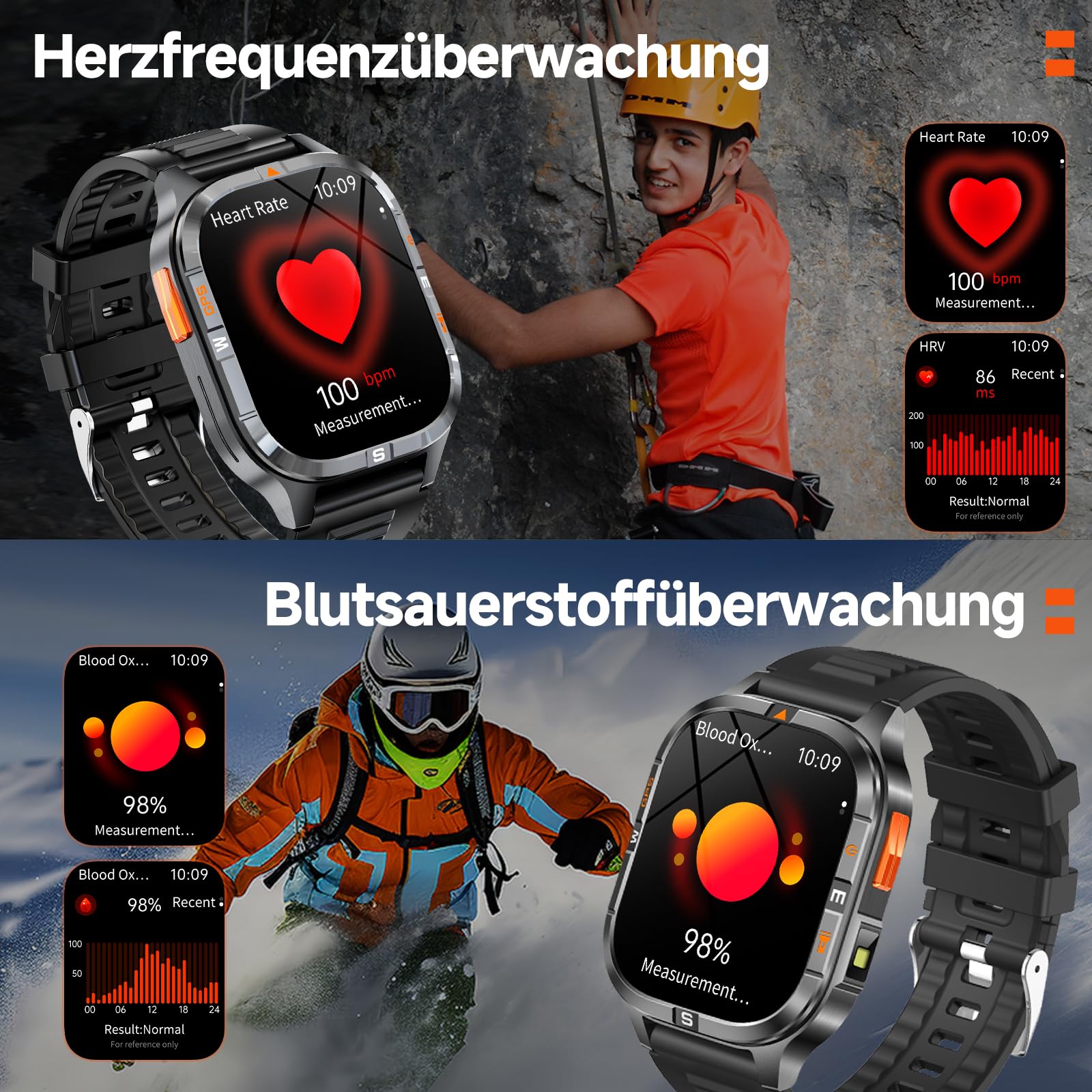 Smartwatch herren Militärische 2,01" HD, mit GPS/Bluetooth-Anruf/Kompass