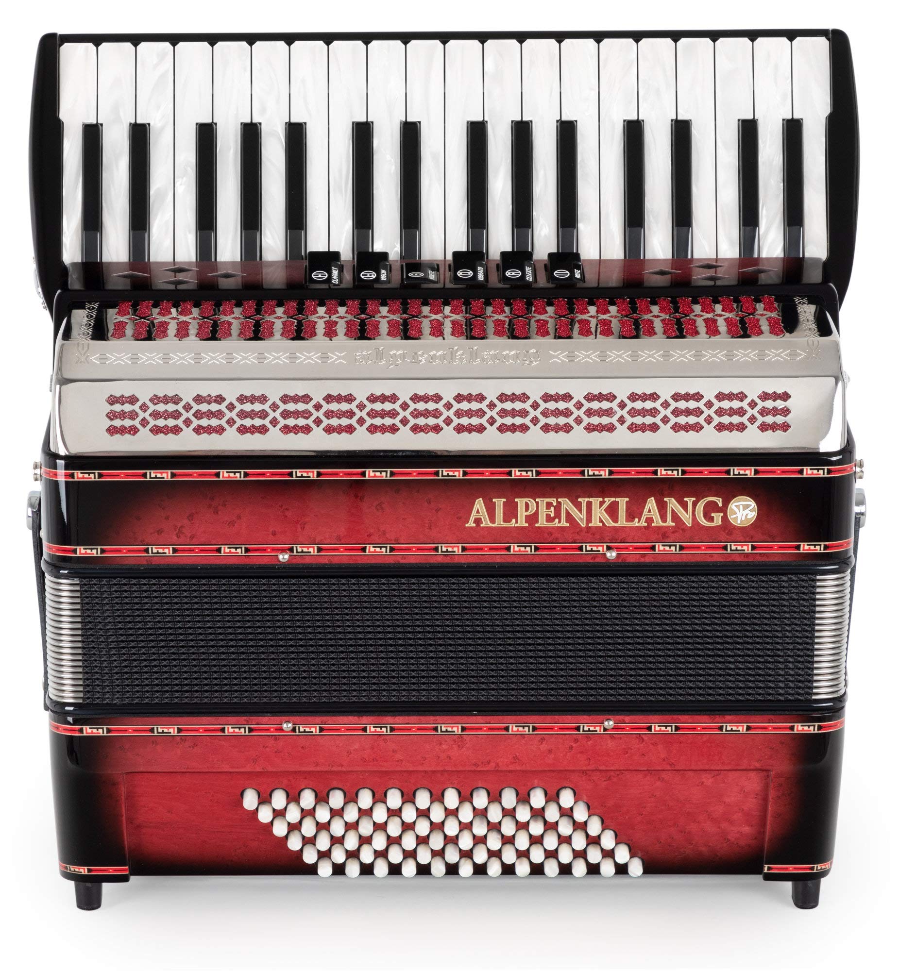 Alpenklang Pro Akkordeon III 72 M Shadow Red - 34 Diskant-Tasten- 6 Diskant-Register - 3-chörig im Diskant - 4-chöriger Standard-Bass - inkl. Musette Register - inkl. Koffer & Riemen