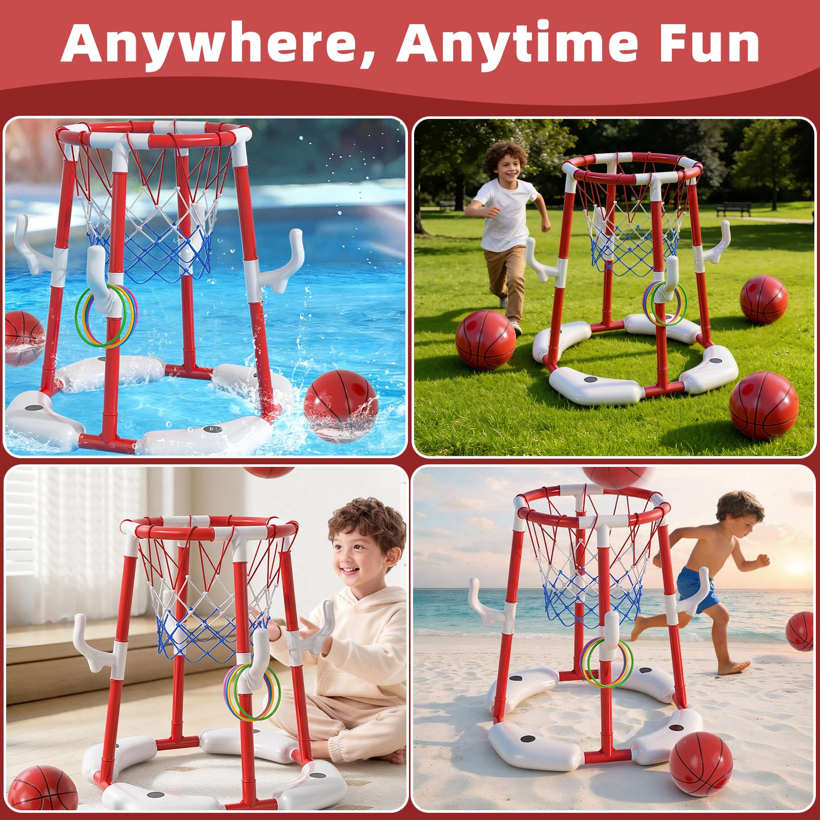 Anneau de Basket-Ball pour Enfants de 4 à 8 et 8 à 12 Ans, Jeu d'eau 2 en 1, Flottant et Hors Sol, avec 4 balles, 12 Anneaux et Pompe, Jouet d'extérieur pour Piscine pour Adultes, fêtes d'été