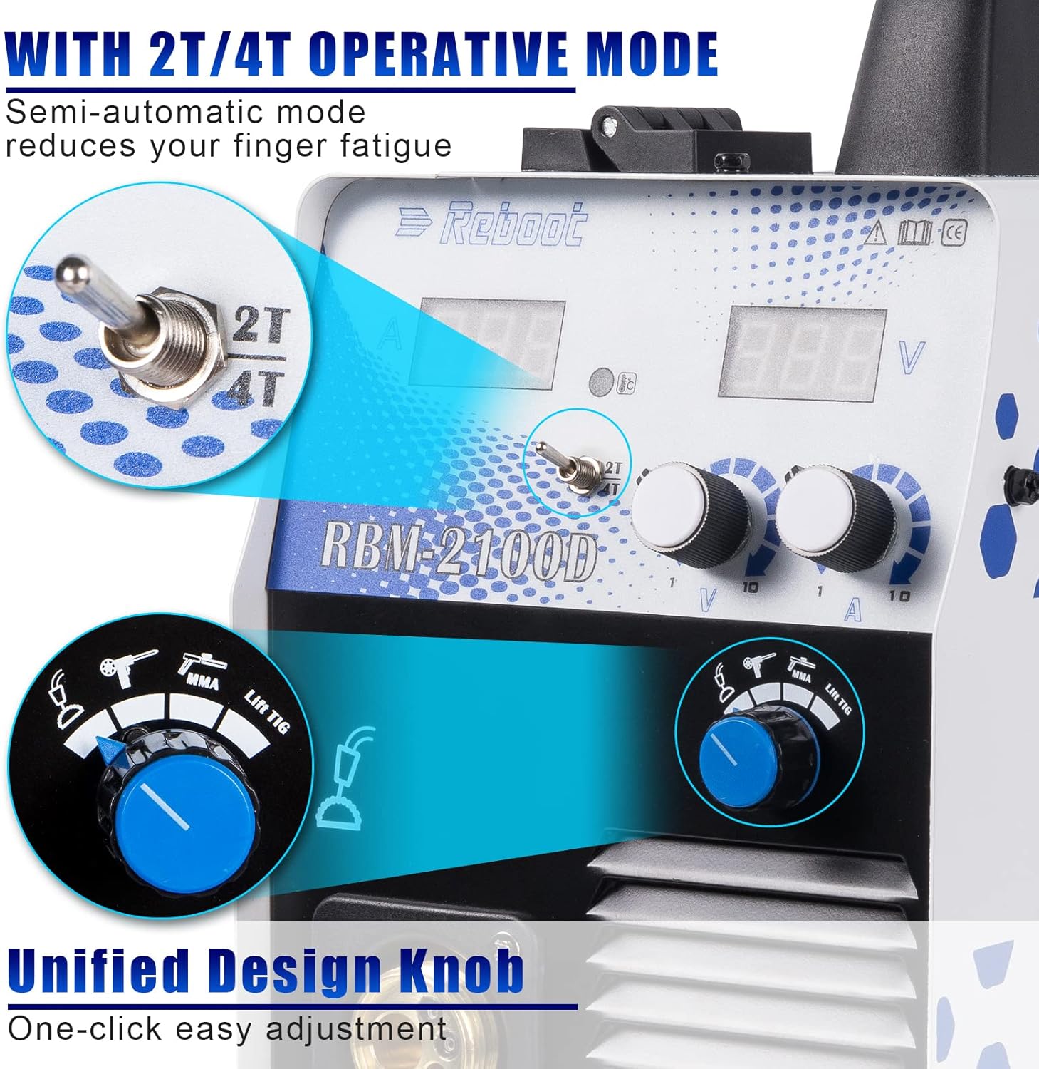 Close-up of the 2T/4T switch and unified design knob on the welder