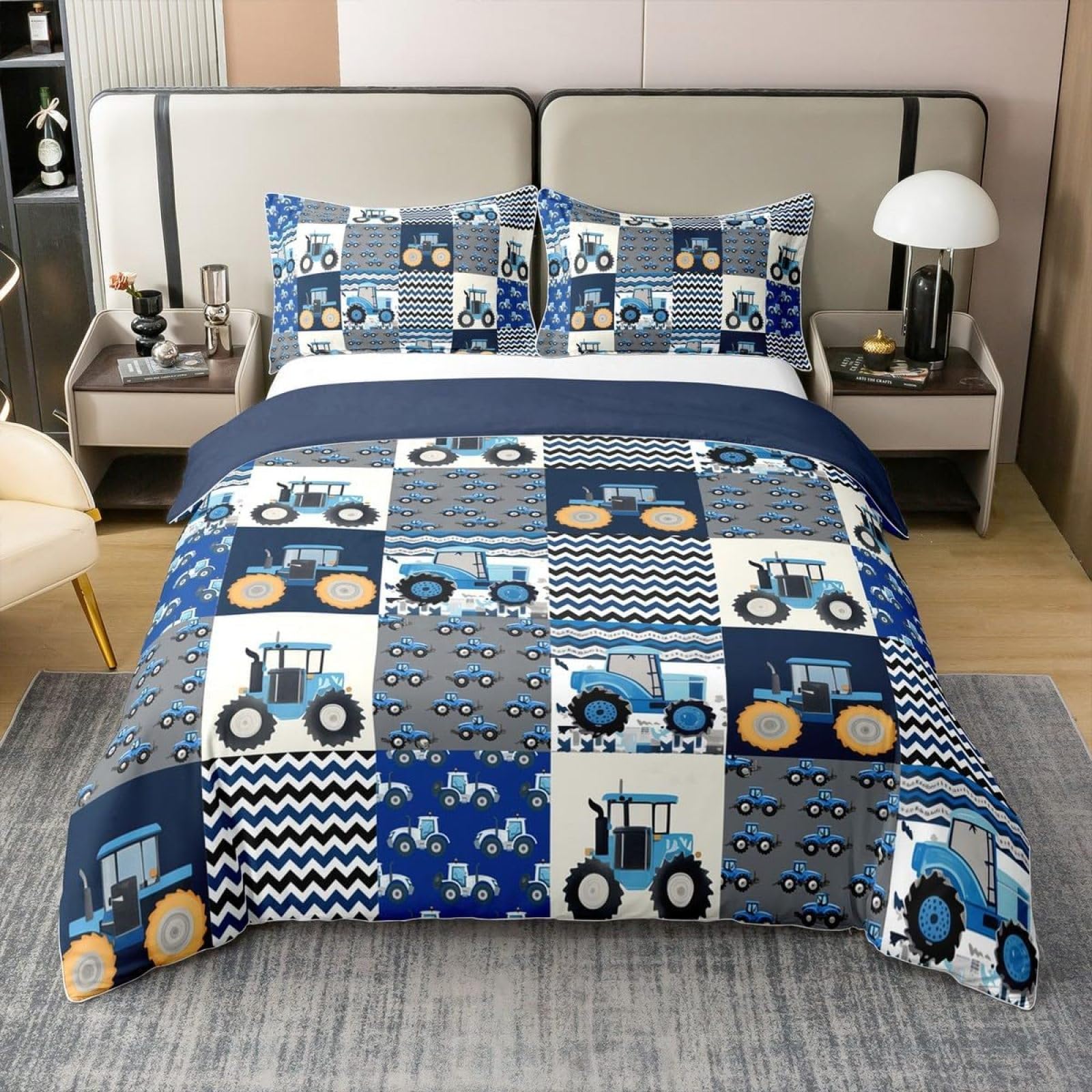 Bettwäsche 155x220 Blauer Traktor Bettwäsche-Set mit Reißverschluss Schließung und 2 Kopfkissenbezug 80x80 cm - Weicher Atmungsaktive Mikrofaser Bettbezug für Kinder Mädchen