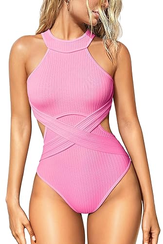 OQQ Women's One Piece Swimsuits Tummy Control High Waisted Cross Bathing Suit Wrap Tie Back 1 Piece Swimwear - Small - Fluo Pink