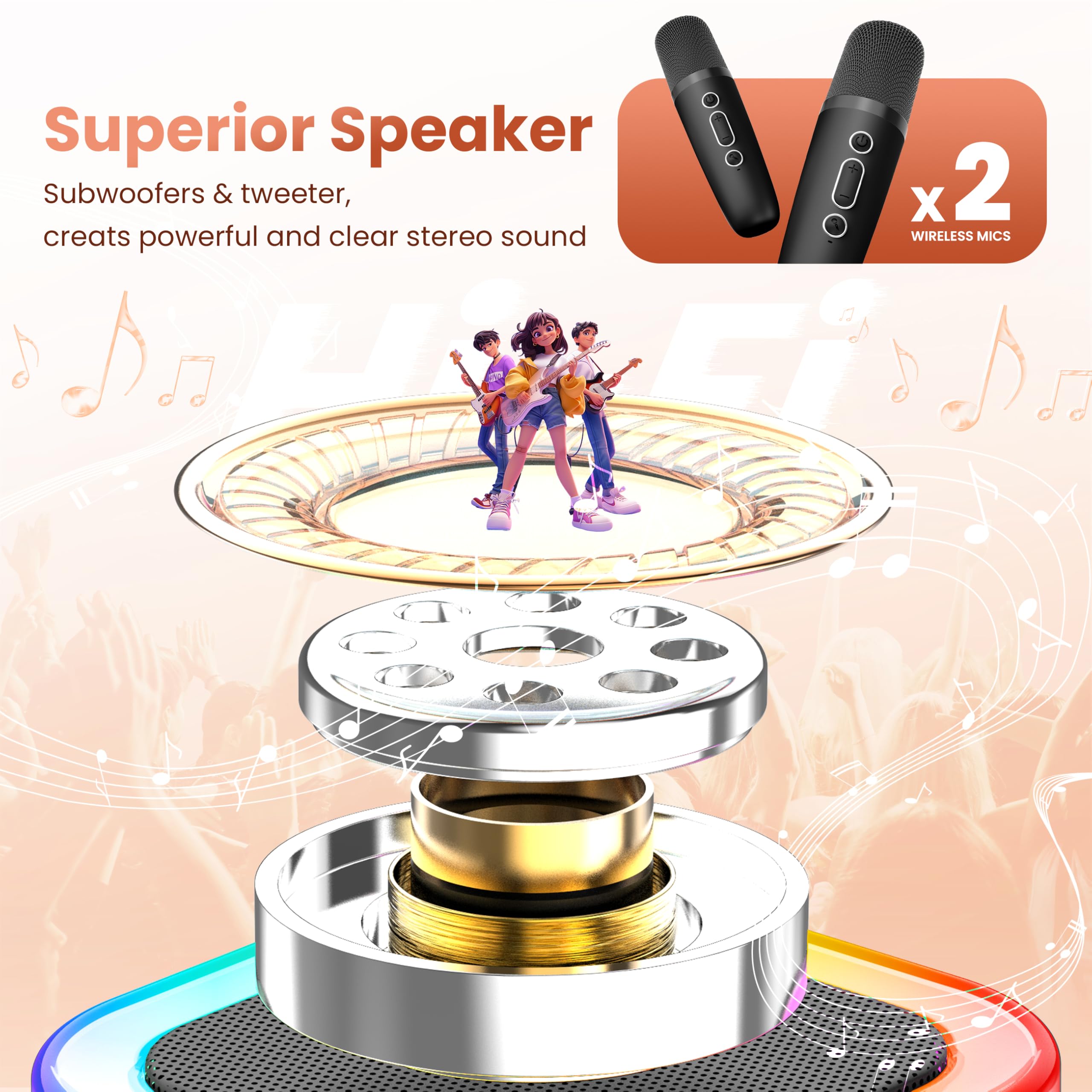 Karaoke Machine for Kids Adults, Portable Bluetooth Mini Karaoke Microphone Singing Speaker Karaoke Player with 2 Wireless Mic Toys for All Smartphones,Birthday, Family,Home Party (Black) - 4