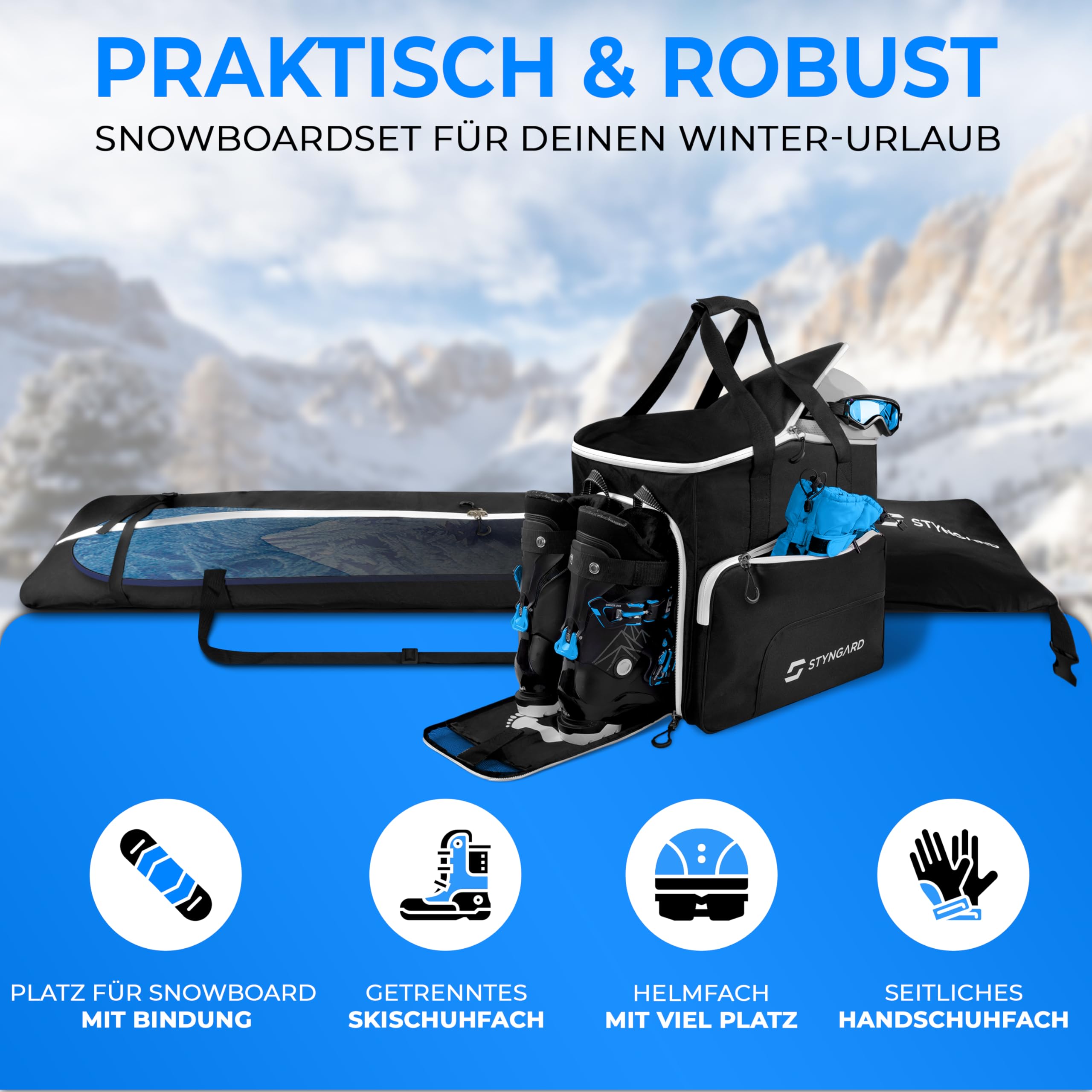 STYNGARD Set di borse da snowboard con tasca per stivali, da 140 cm a 190 cm), con imbottitura nella zona di legatura, borsa da snowboard modello Calgary