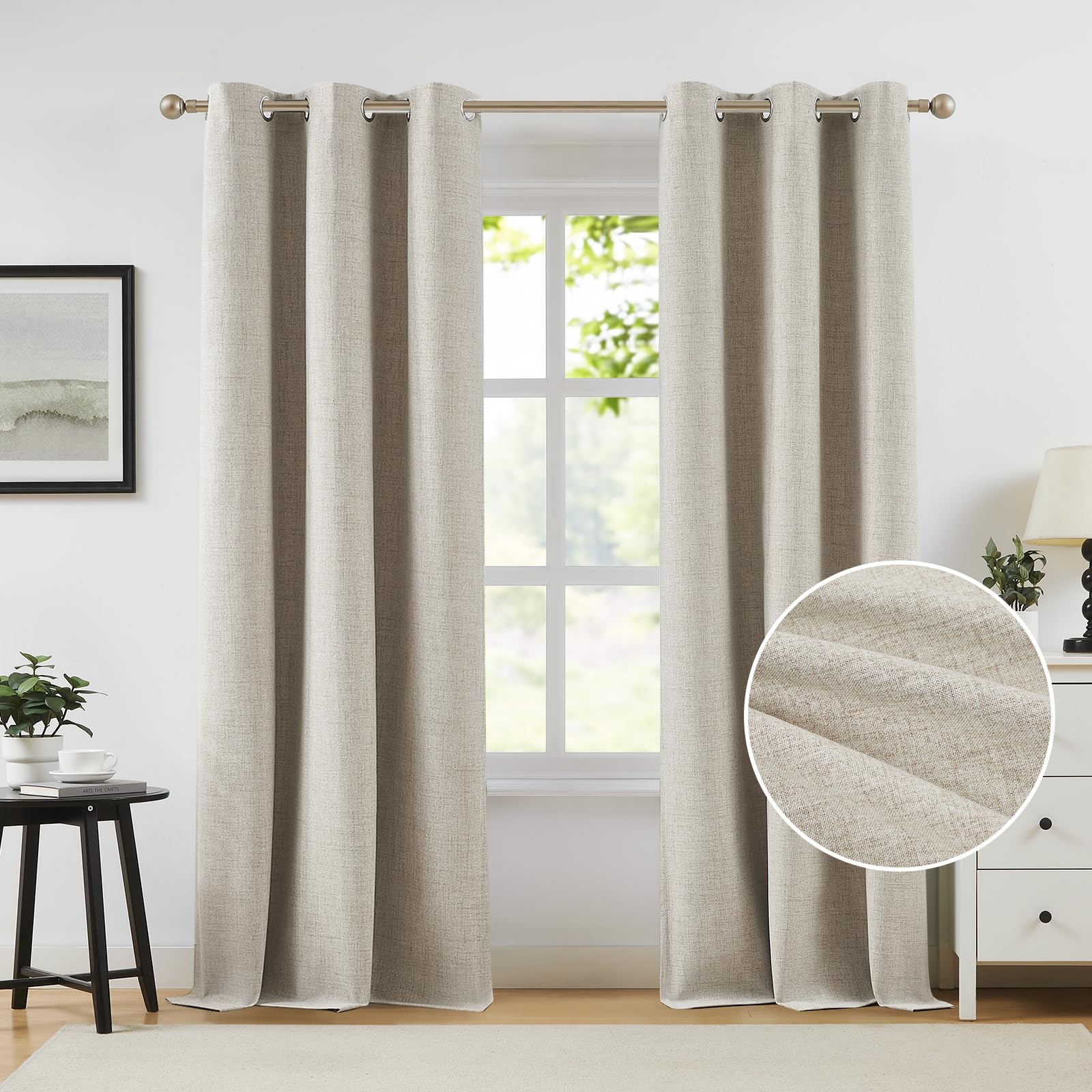 melodieux beige linen blackout curtains 84 inch length 2 panels set, thermal insulated light blocking grommet curtains for bedroom living room, elegant farmhouse burlap textured drapes, 42x84 inch