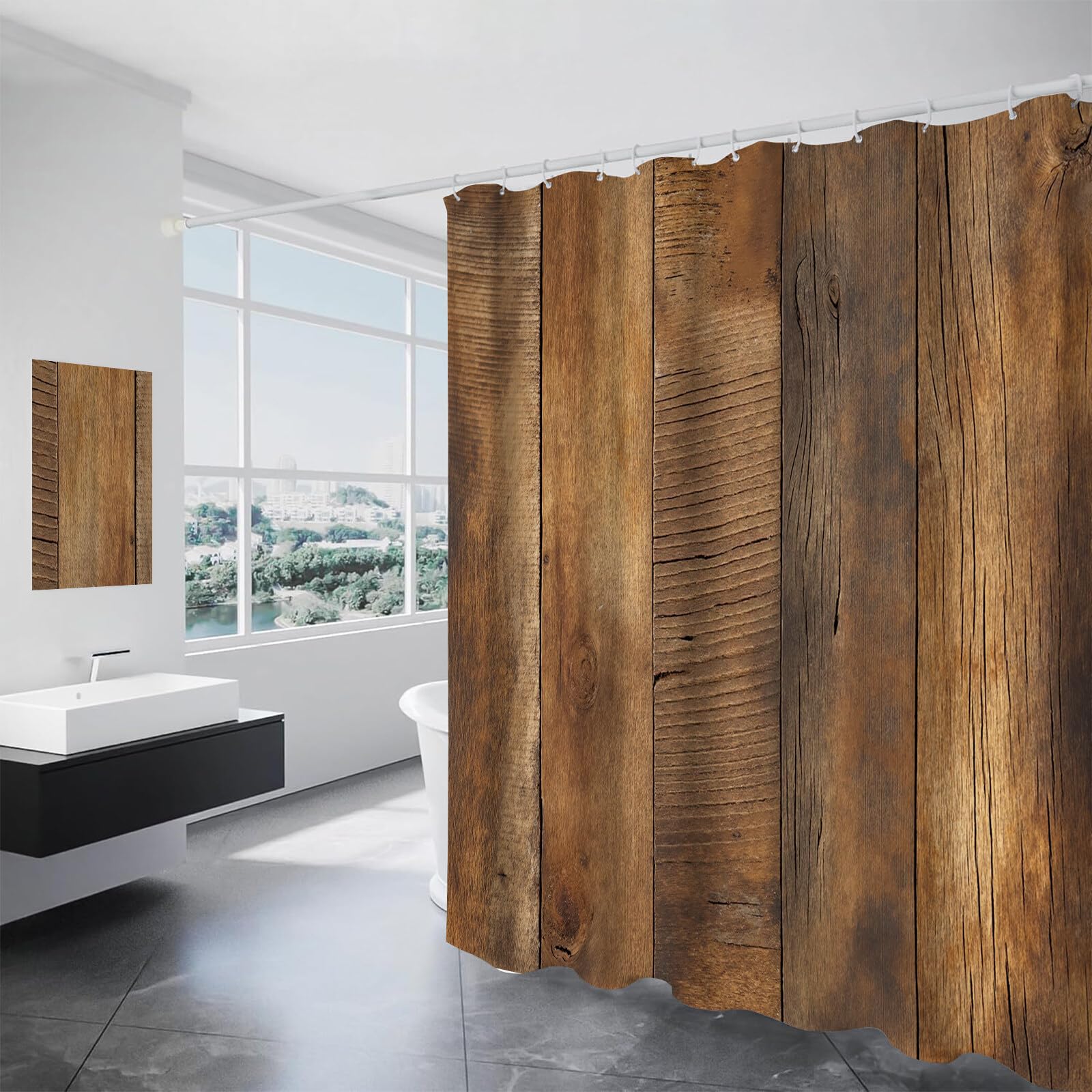 Rideau De Douche Grain De Bois Nature Rurale Tissu Imperméable Lavable avec Crochets Anti Moisissure en Polyester Rideau Douche pour Salle De Bain