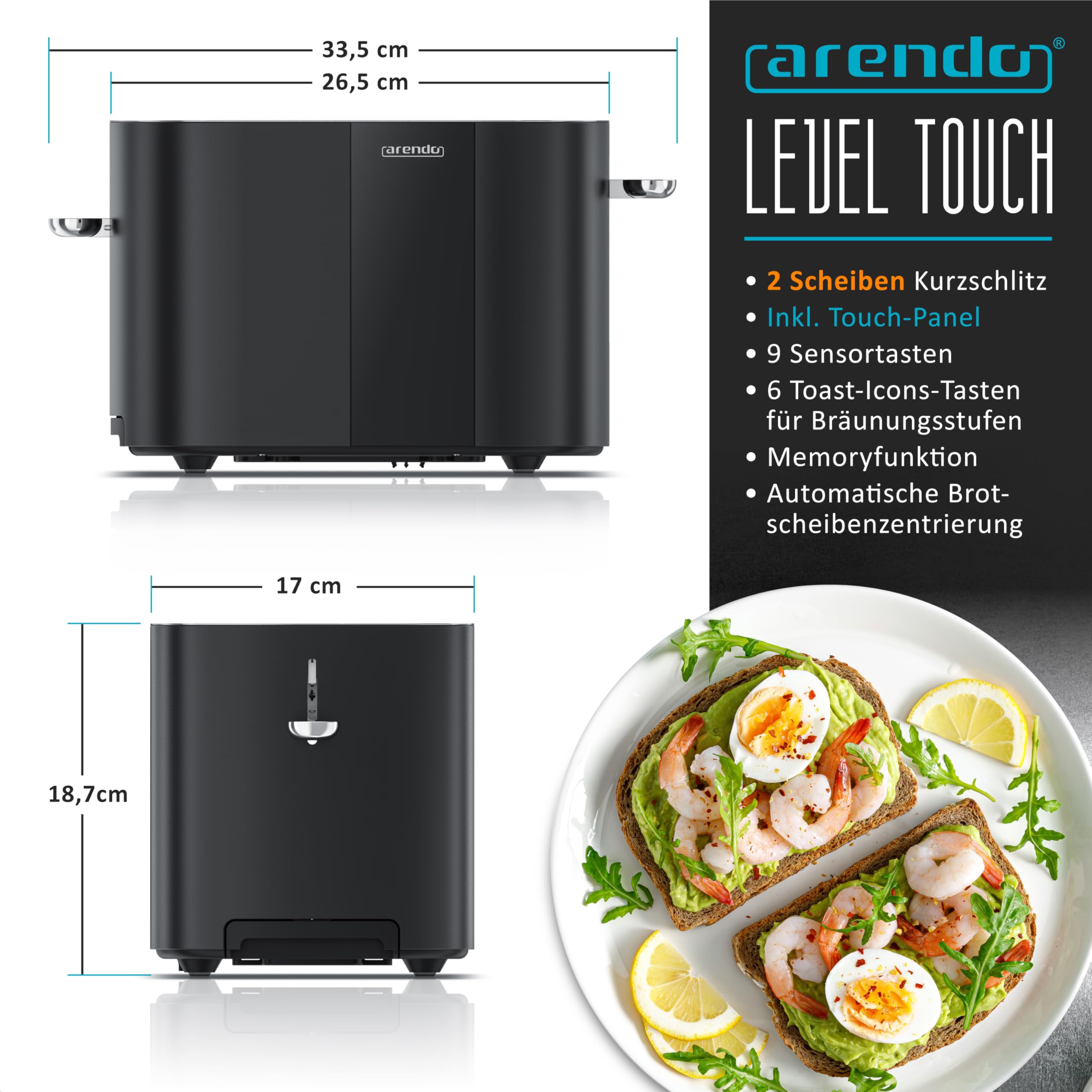 Arendo - Edelstahl Toaster 2 Scheiben - Touchscreen – Doppelwandgehäuse – 800 W – Integrierter Brötchenaufsatz – 6 Bräunungsgrade – Brotzentrierung – Restzeitanzeige – Memoryfunktion