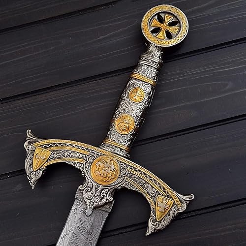 Espada de acero de Damasco de los caballeros templarios, réplica antigua hecha a mano, espada para cosplay de cruzados, 38.75 pulgadas,