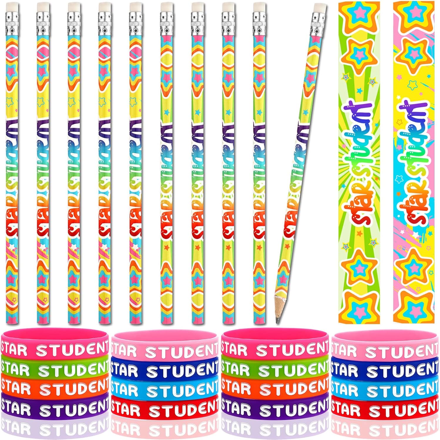 Eaasty 32 Pieces Star Student Back to School Supply Include 16 Pcs Awardpencil and 16 Pcs Silicone Bracelet for Student Classroom Elementary Middle School Gifts