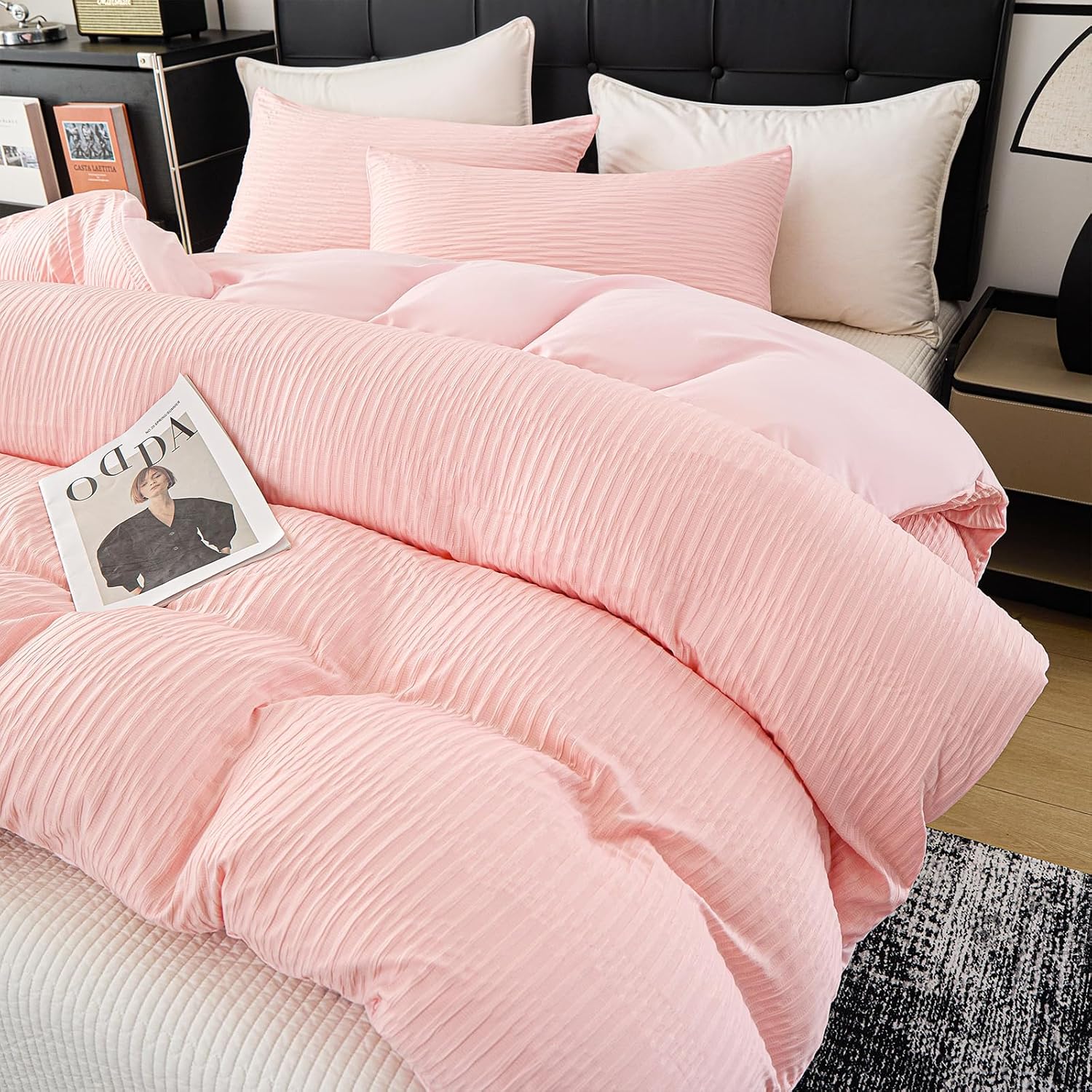 Pink Duvet Cover King Size, 3pcs Washed Microfiber Bedding Set, Soft Breathable Rippled Duvet Cover Set with Zipper Closure for All Seasons - Image 6