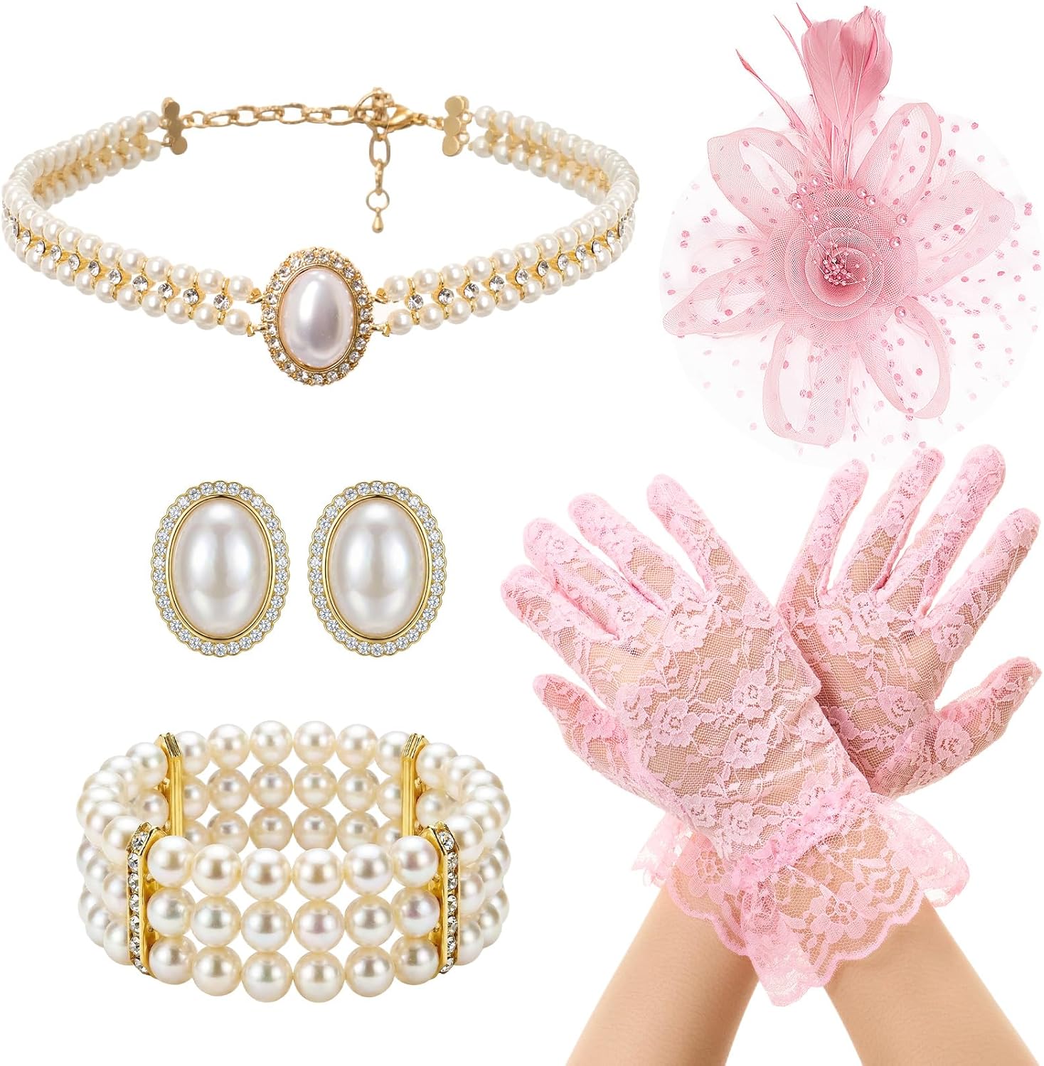 Landical 5 Pcs 1950s Women Tea Party Accessory Set Fascinator Hat Lace Gloves Pearl Jewelry Weddings Photo Shoots