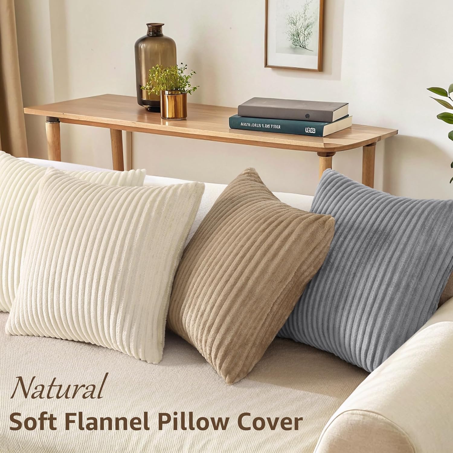 decorUhome Set of 4 Flannel Throw Pillow Covers 18x18 Inch, Spring Decorative Soft Double-Sided Fluffy Couch Pillow Covers, Farmhouse Neutral Pillow Cases for Sofa Living Room (Beige/White)
