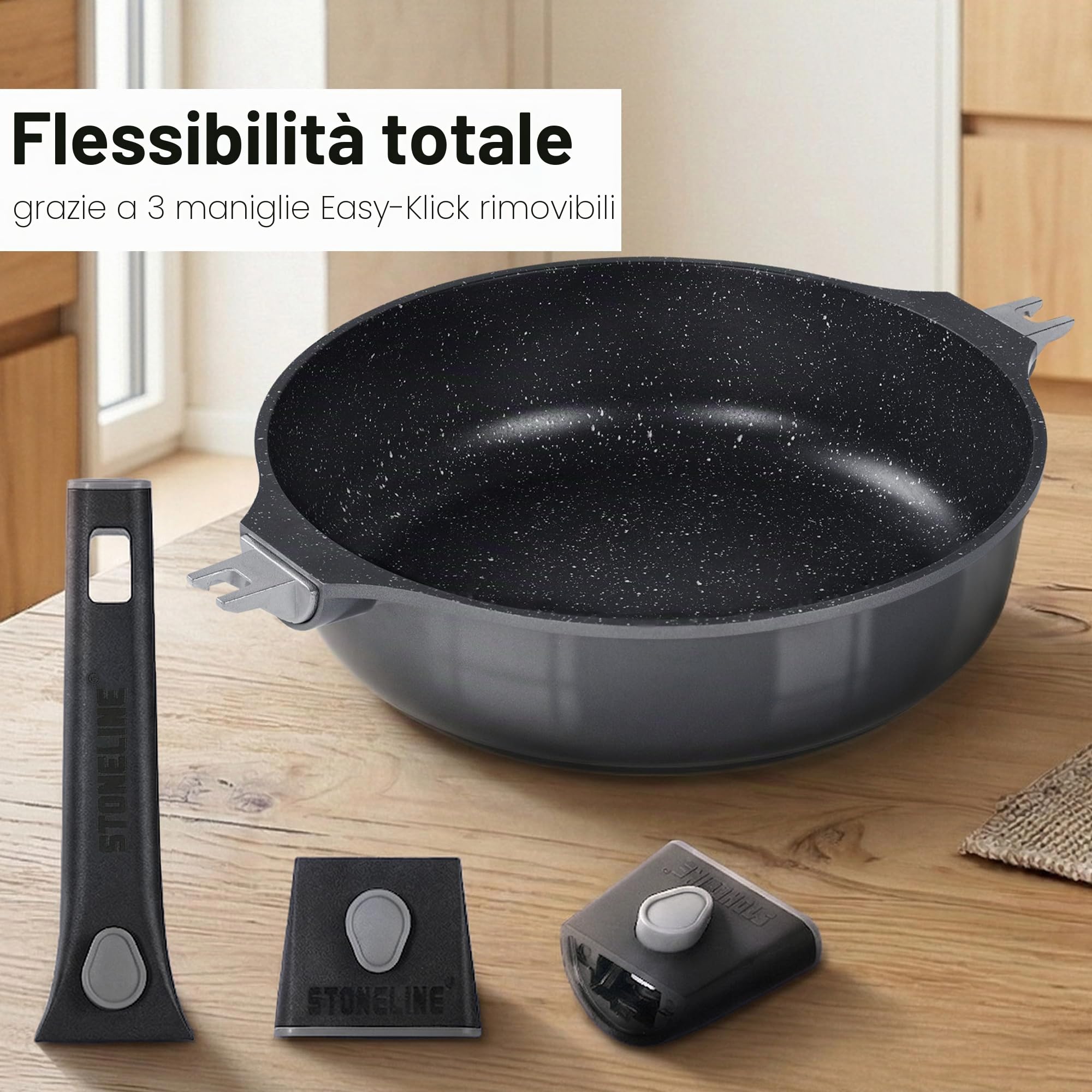 STONELINE SMART Padella Alta 28 cm, 4 L Padella Induzione Grande con Coperchio, Manico Rimovibile, Alluminio Pressofuso, Tutti i Tipi Piani Cottura, Antiaderente con Vere Particelle di Pietra, Grigio