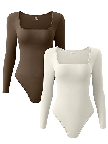 OQQ Women's 2 Piece Bodysuits Sexy Ribbed One Piece Square Neck Long Sleeve Tops