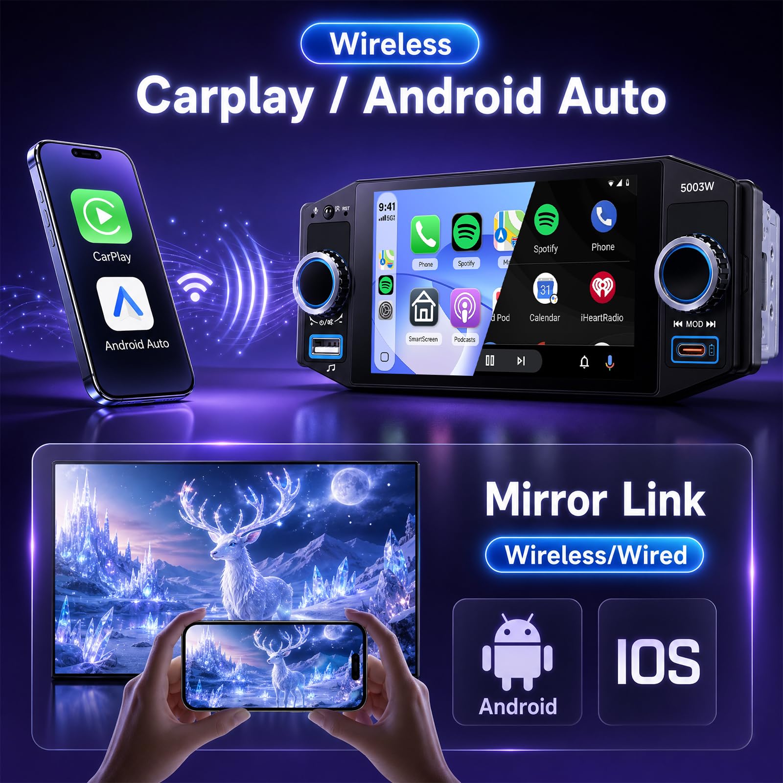 Hodozzy Radio samochodowe 1 DIN z ekranem, bezprzewodowe odtwarzanie kart Android Auto i AirPlay, 5-calowy ekran dotykowy, AM/FM/RDS radio z Bluetooth, odtwarzacz MP5 1 DIN z EQ, Type-C/USB/AUX/SWC