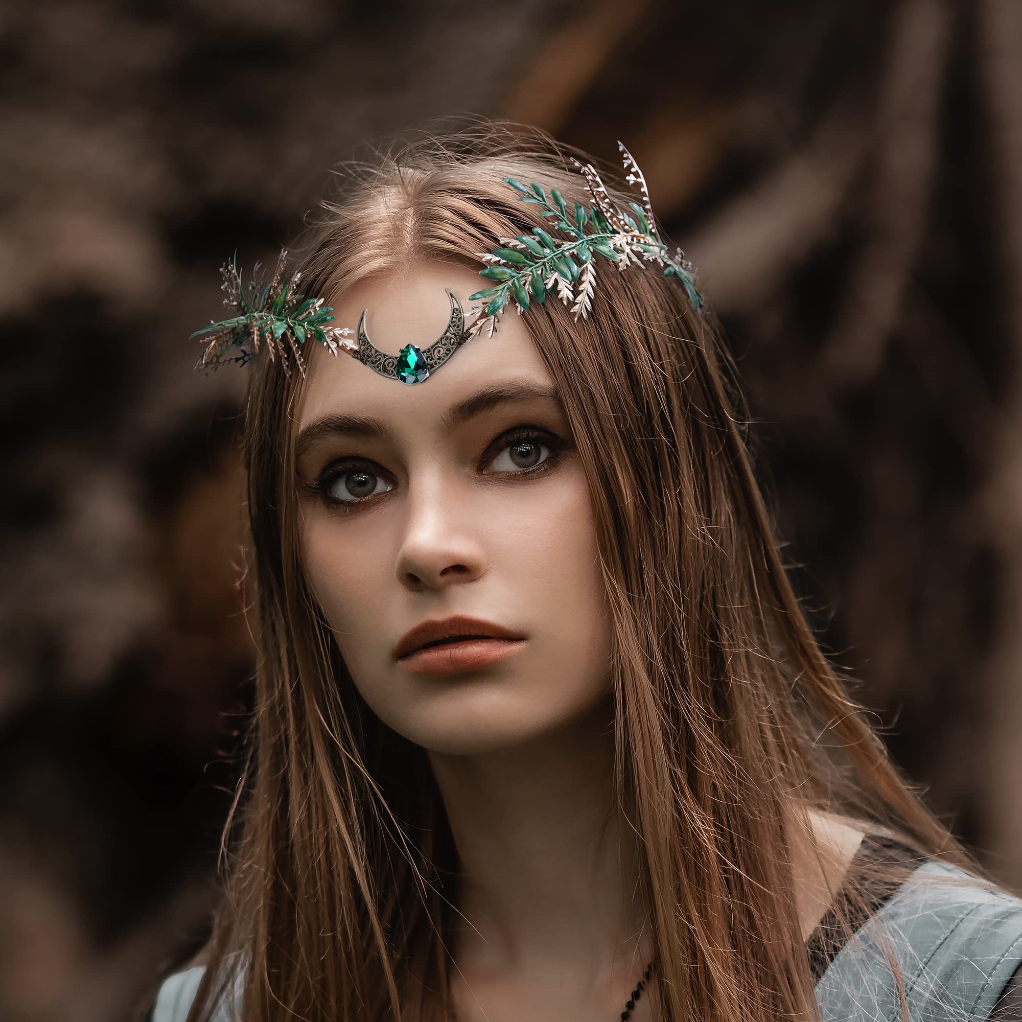 MOSTORY Woodland Fairy Crown for Cosplay Accessory Women Renaissance Halloween, green-gold - Image 2