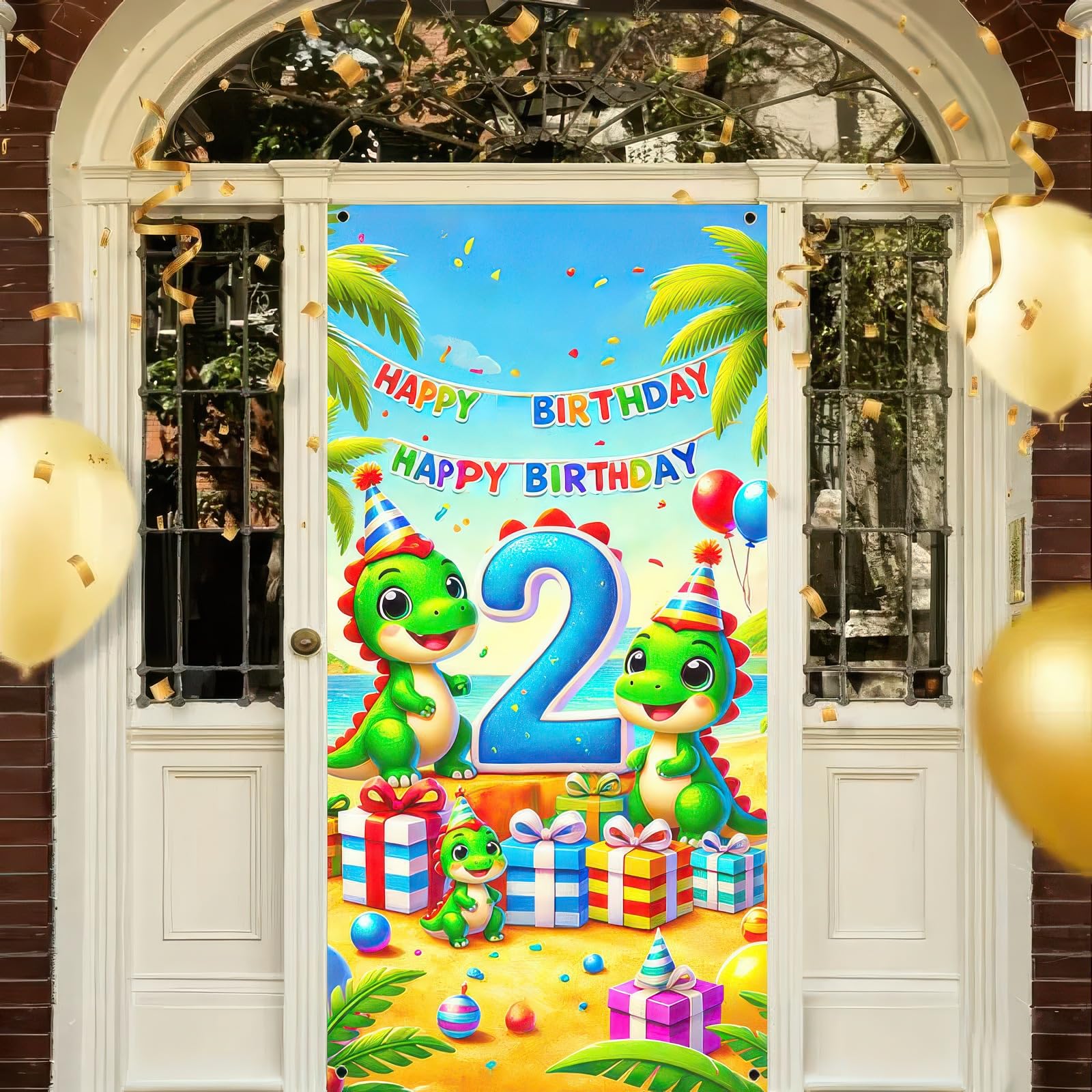 HOMETITUTE 2nd Birthday Door Cover 71x35 Inch Dinosaur Theme Birthday Banner for Toddler Party Decorations Beach Gift Backdrop Sign for Boys Girls Cake Table Props