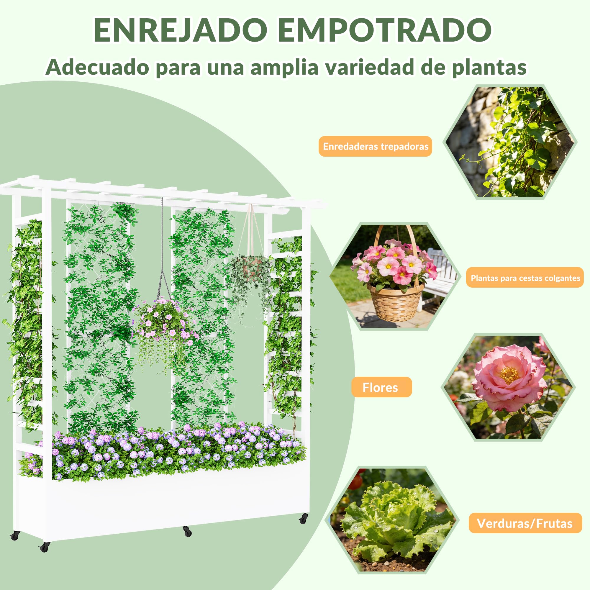 Jardinera elevada con enrejado y techo colgante, jardinera metálica resistente a la intemperie con 4 ruedas y 2 enrejados laterales para plantas trepadoras, mampara divisoria móvil para exteriores.