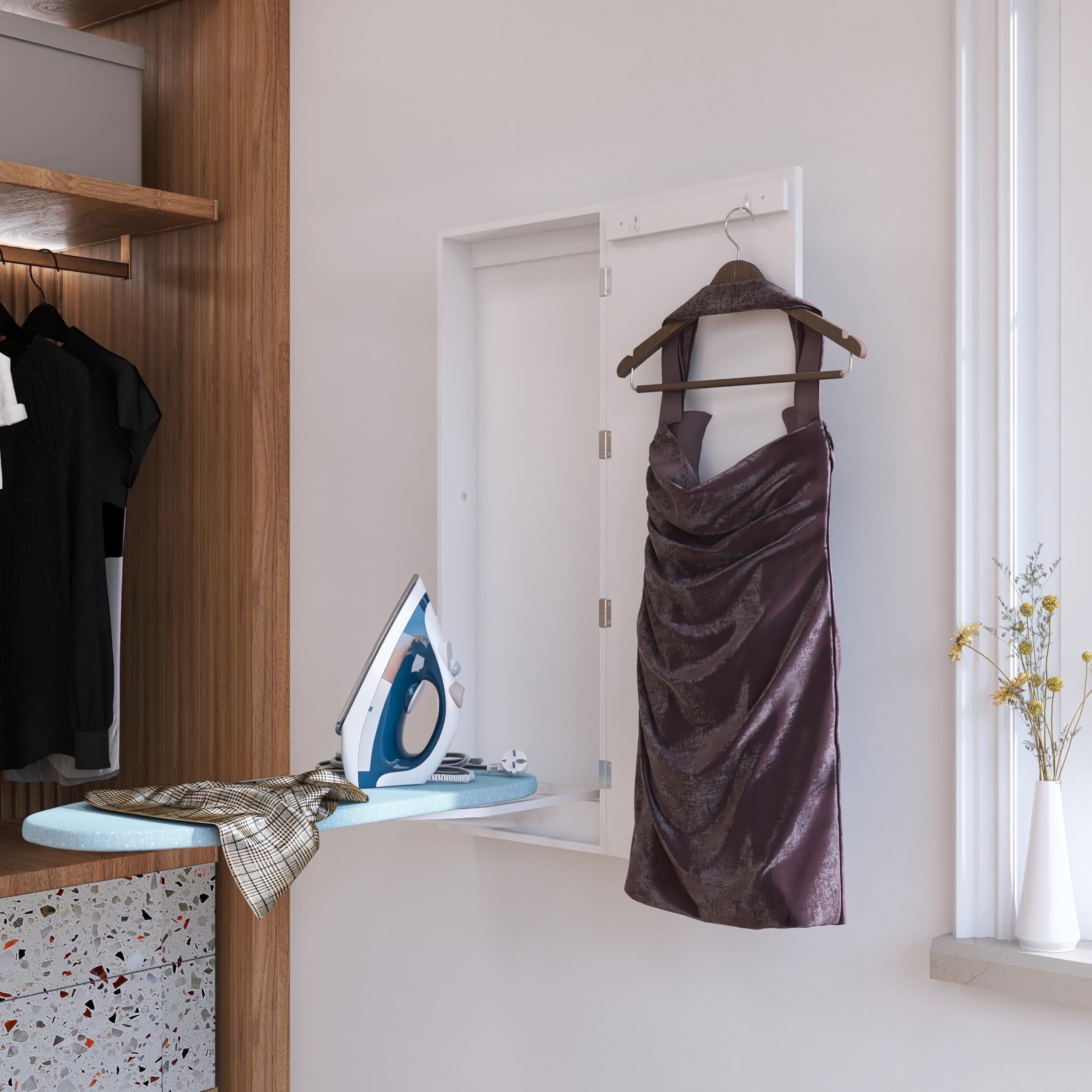 Organizedlife Slim Wall Mounted Ironing Board Cabinet, base in metallo girevole a 180° e specchio, asse da stiro pieghevole per biancheria, nessun montaggio richiesto, salvaspazio