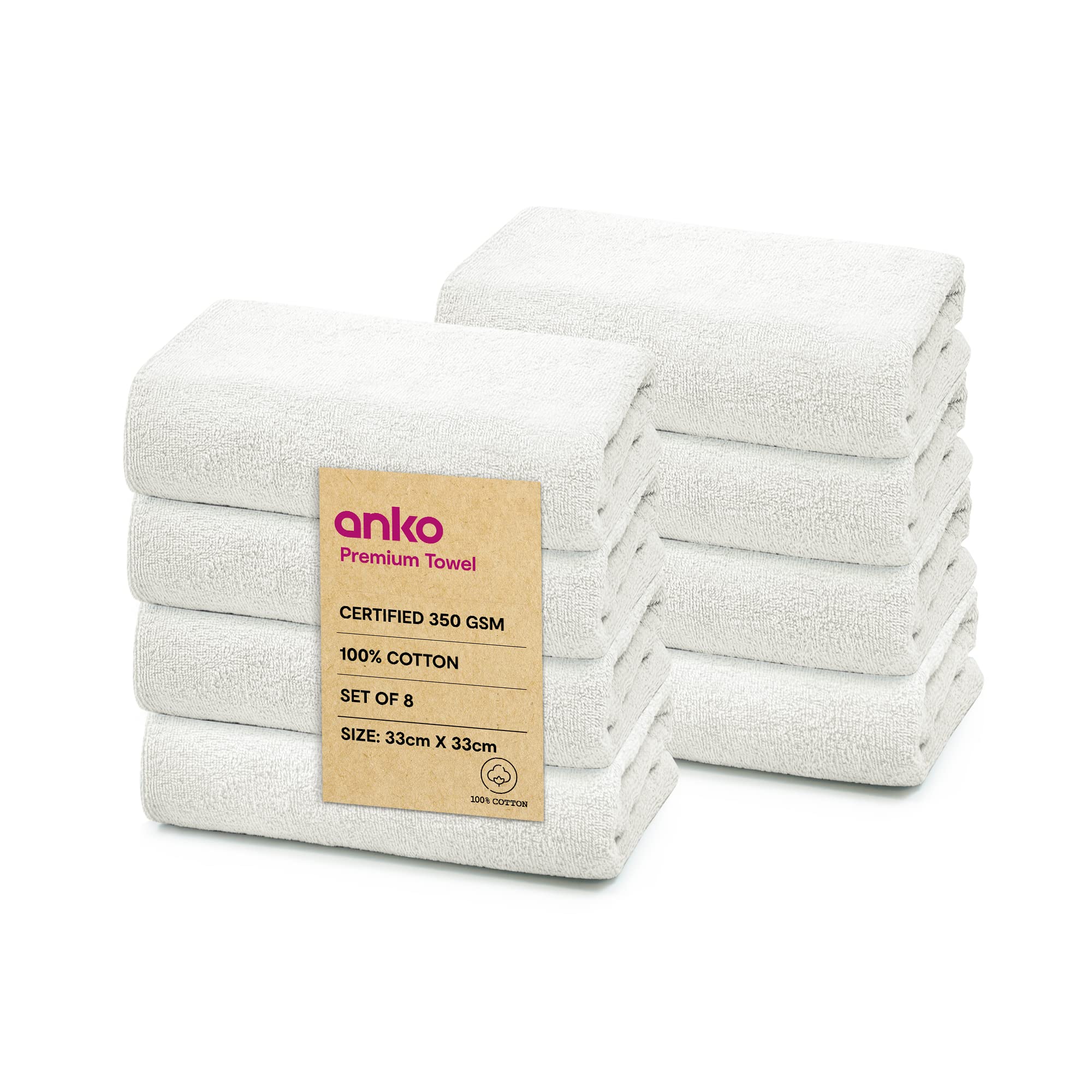 AnkoAnko 100% Cotton Madison 360 GSM | White Face Towel Set of 8 | 30 x 30 cm | Travel, Gym, Spa, Salon Towel