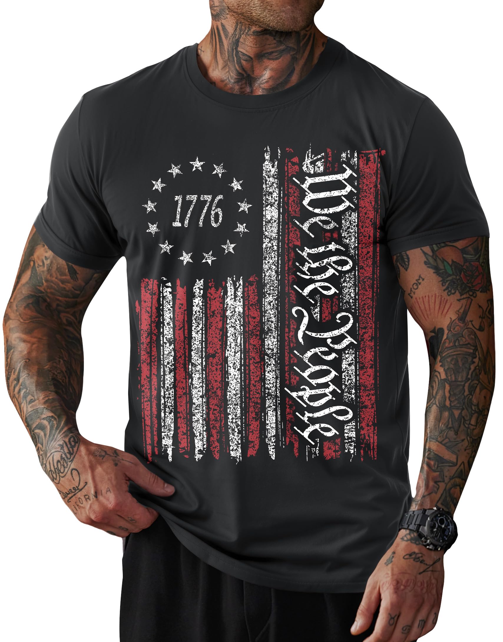 Mainfini Men's 4th of July T-Shirt American Flag 1776 Short Sleeve Tshirt (S-3XL)