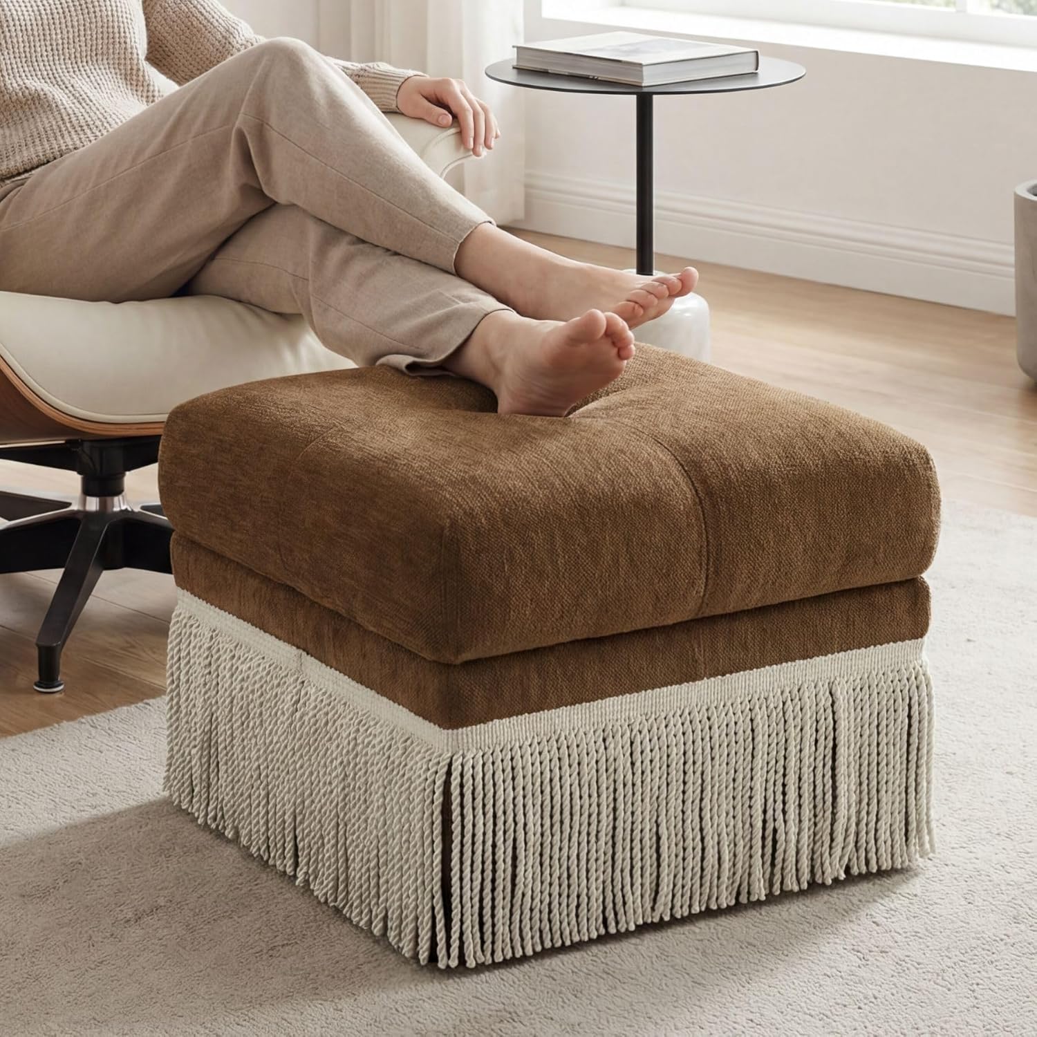 Hyfirm Brown Upholstered Accent Ottoman with Fringe, 22 Inch Square Plush Footstool Ottomans Bench for Bedroom, Modern Boho Pouf Foot Rest for Living Room, Couch