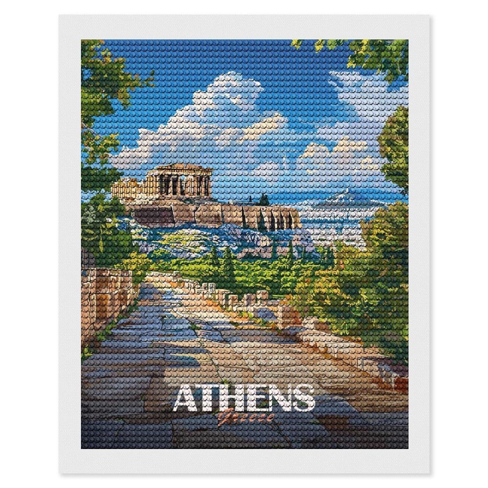 Junmoney Athens, Greece Travel (2) DIY Diamond Art Canvas Kit 16"x20", Farmhouse Decor, Vintage Style Decor, Handmade Wall Decor, Canvas Picture