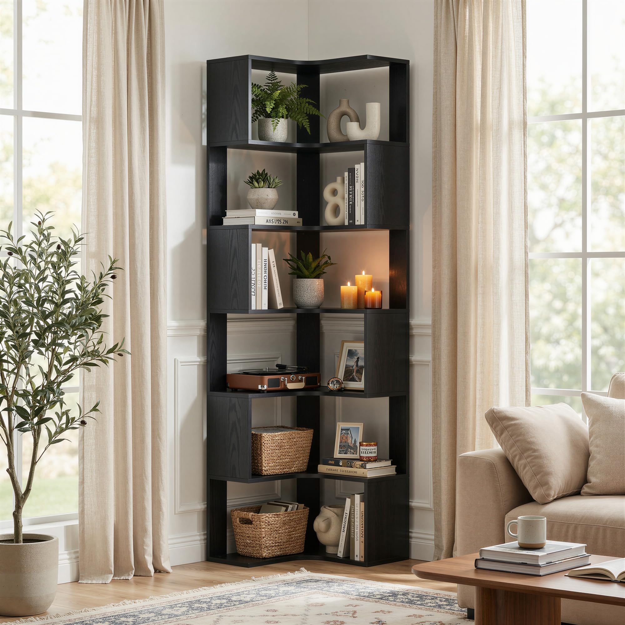 IRONCK Bücherregal 6 Ebenen Eckregal 204cm Hoch L-förmiges Standregal mit Schutzleiste, Holz offenes Regal & Aufbewahrungsregal für Wohnzimmer, Büro, Schlafzimmer, Schwarz