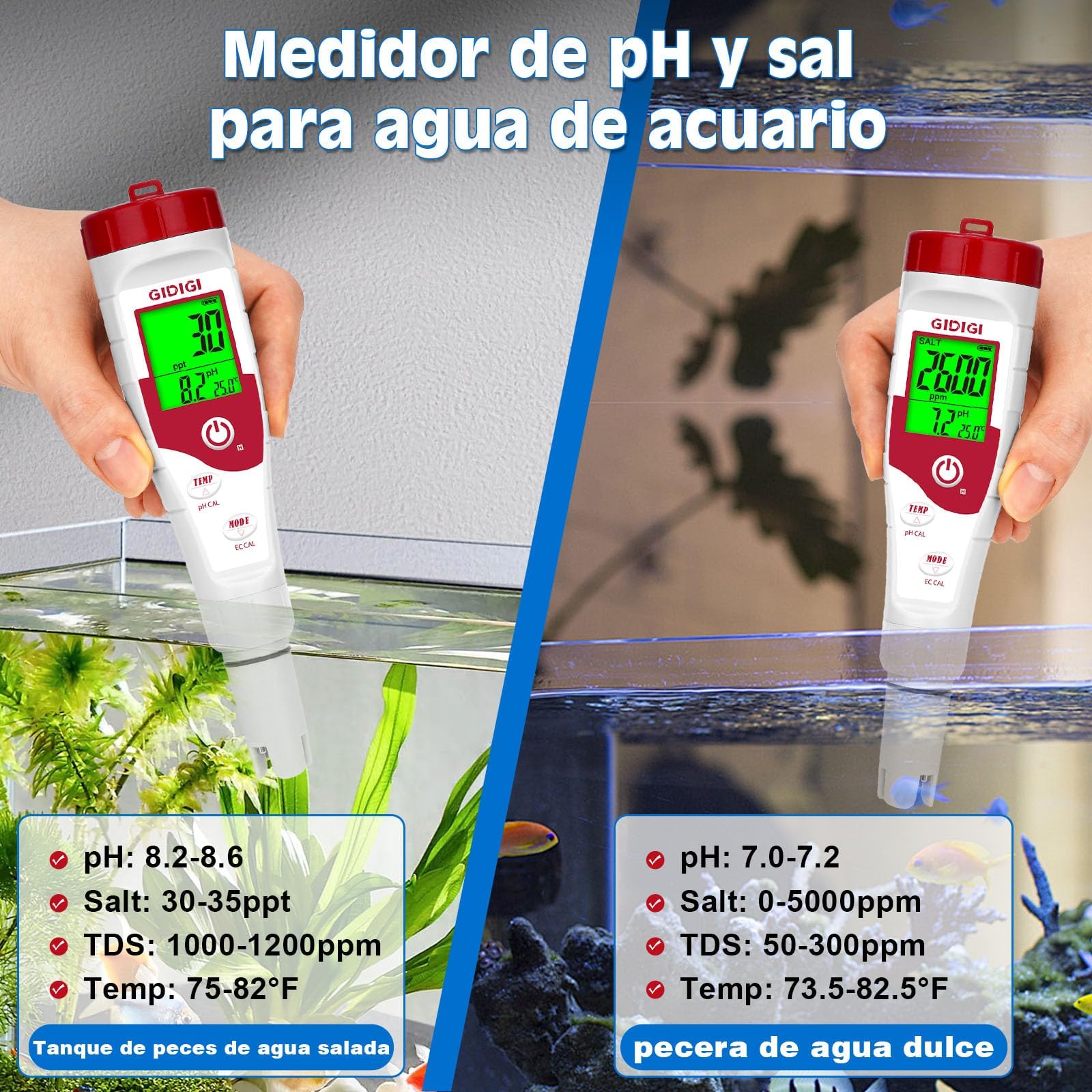 Medidor Salinidad Piscina, 5 en 1 Comprobador pH Sal EC TDS y Temp, con Solución de Calibración 12.88mS/cm, Kit Analizador Piscina Agua Salada para Piscinas, Acuarios, Hidroponía y Agua Potable