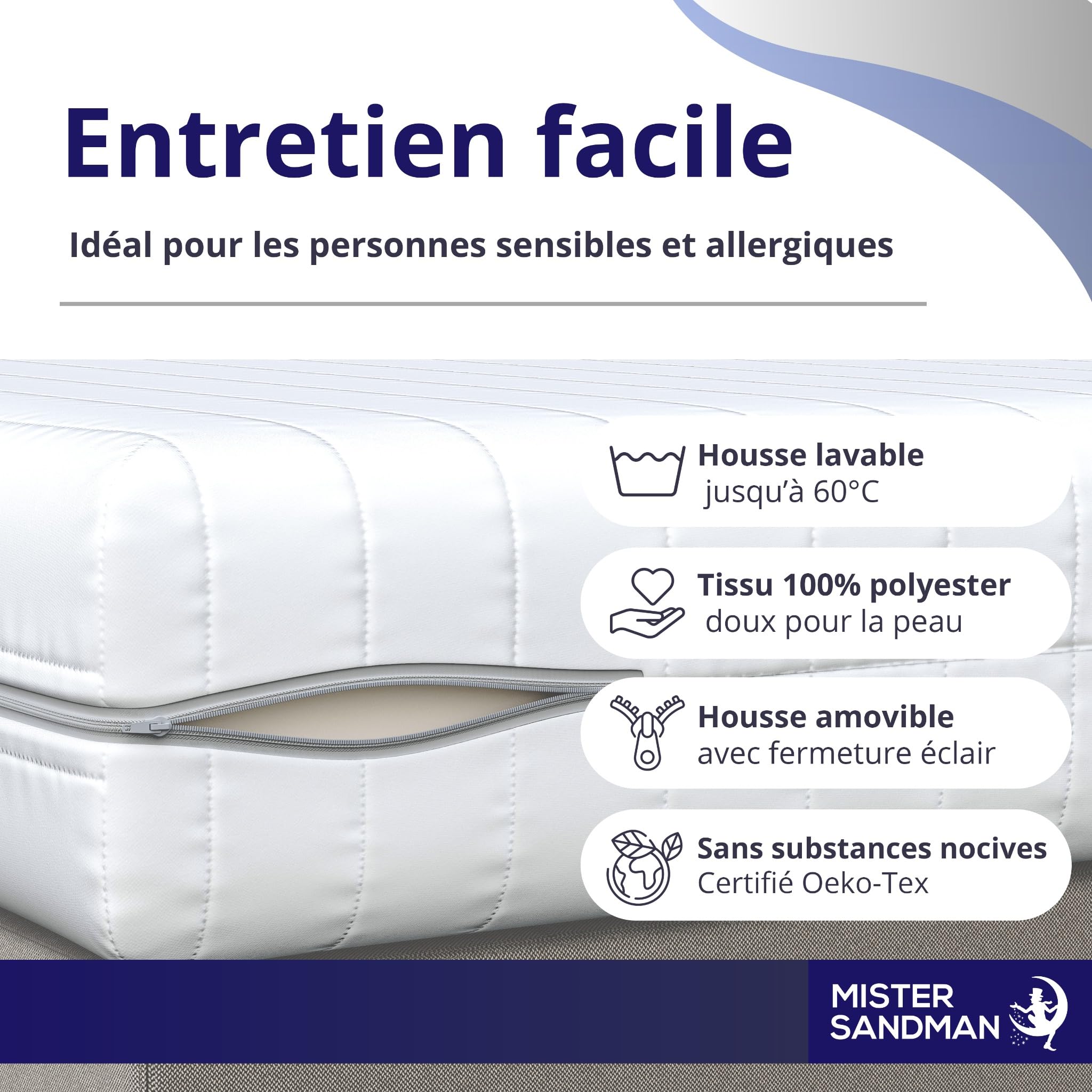 Mister Sandman Matelas en Mousse 7 Zones 80x200 cm, 18 cm, Soutien Ferme, Réversible, Housse Lavable, Certifié Oeko-TEX, Fabriqué en Allemagne