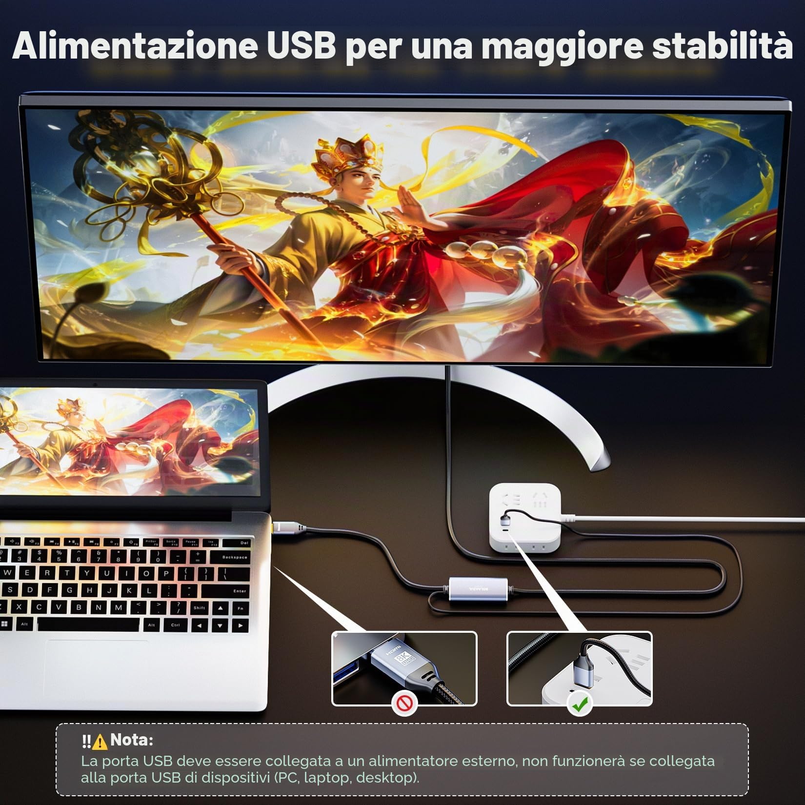 BolAAzuL Cavo adattatore HDMI 2.1 a DisplayPort Unidirezionale, dalla sorgente HDMI al display DisplayPort, supporta 8K@30Hz 4K@120Hz 2K@144Hz, alimentazione USB, intrecciato, 2M