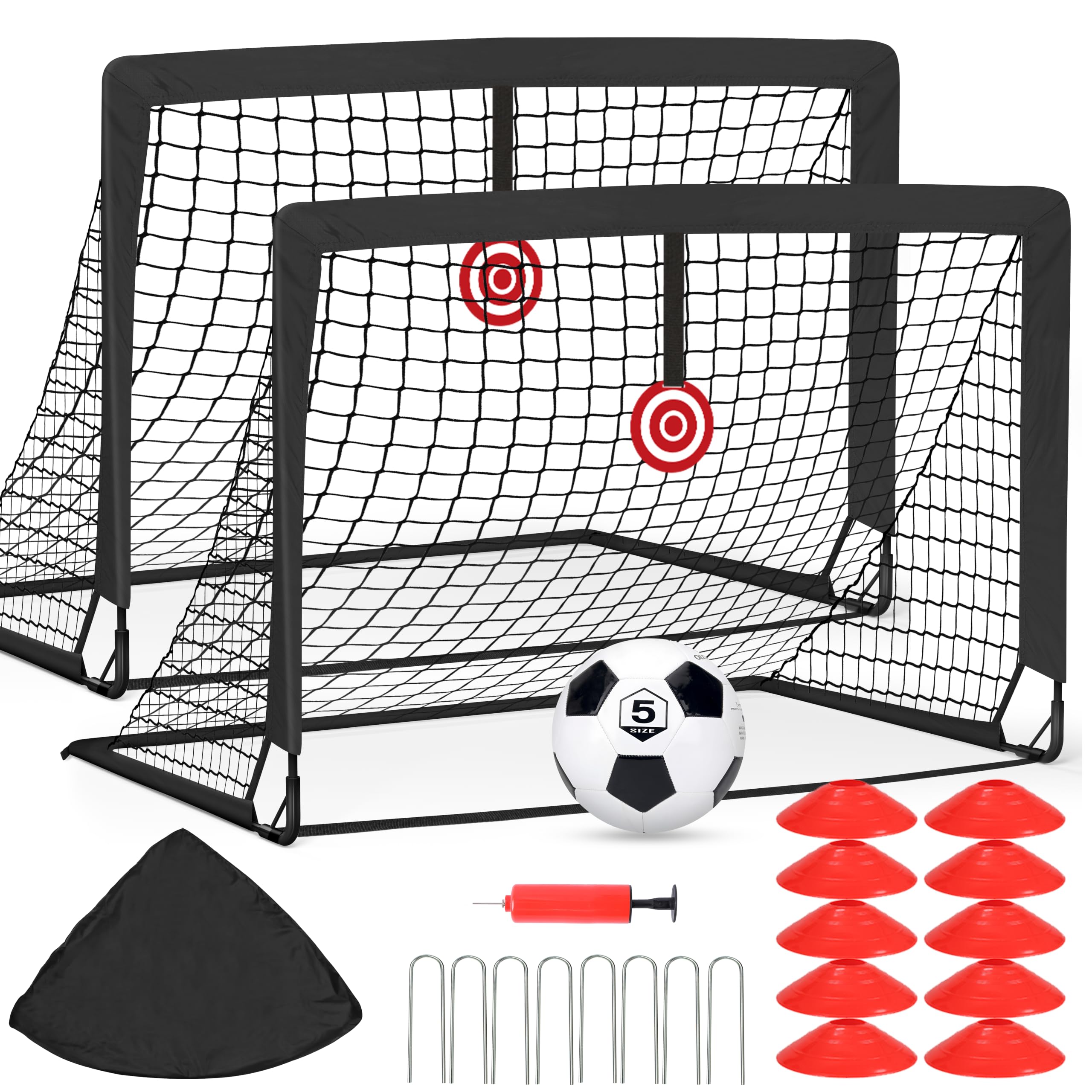Fußballtor Garten 120x90cm, Fußballtore für Garten Training Set, Fussballtor Outdoor inkl. Fußball, Bullseye, Scheiben & Erdanker, Tolles Fußball Geschenk für Park, Strand
