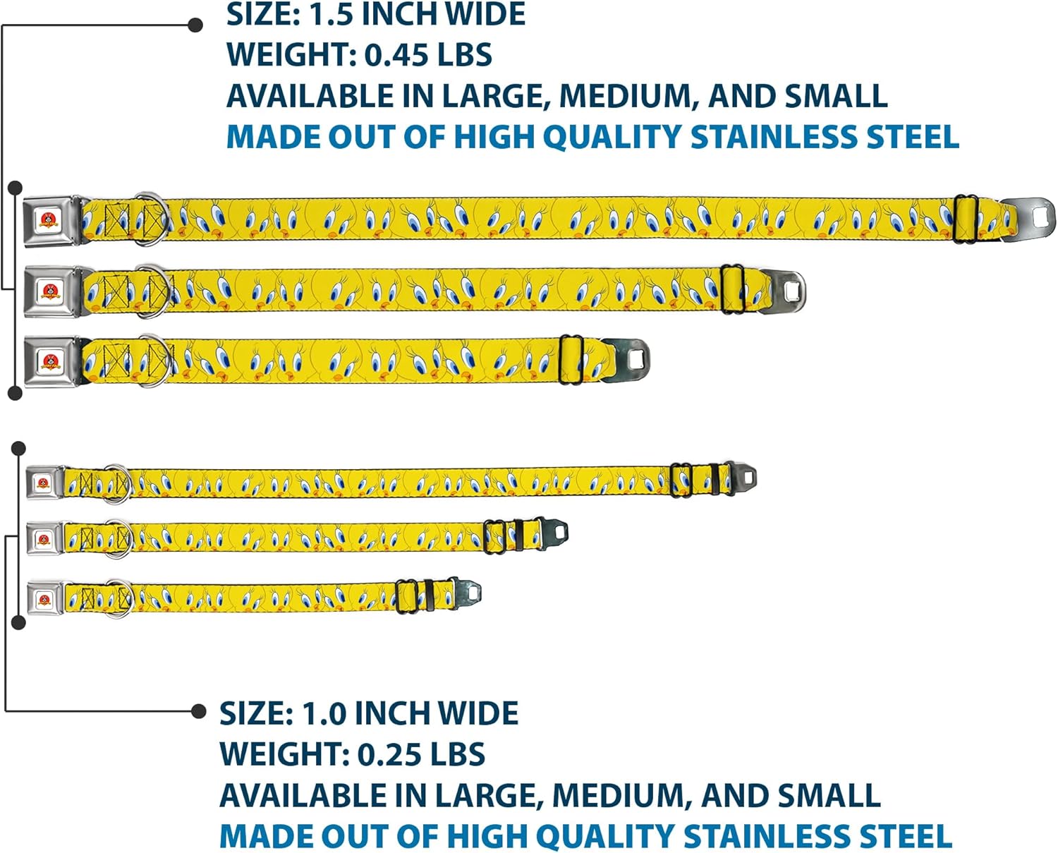 Buckle-Down Seatbelt Buckle Dog Collar - Tweety Bird Expressions Yellow - 1" Wide - Fits 15-26" Neck - Large