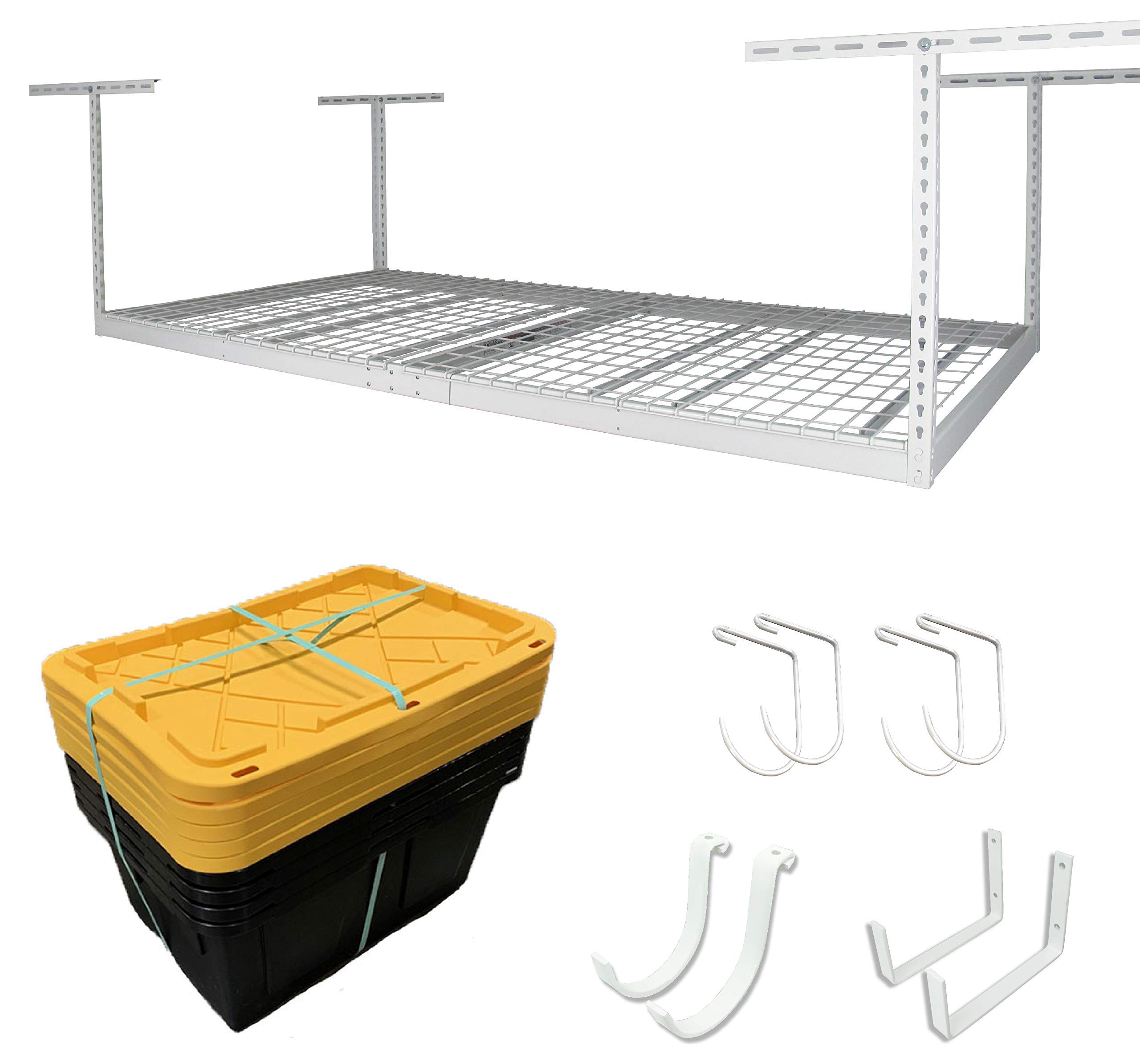 MonsterRAX 4x8 Rack and Bins Bundle | 4’ x 8’ Overhead Rack w/Storage Bins and Accessory Package (White, 24"-45")