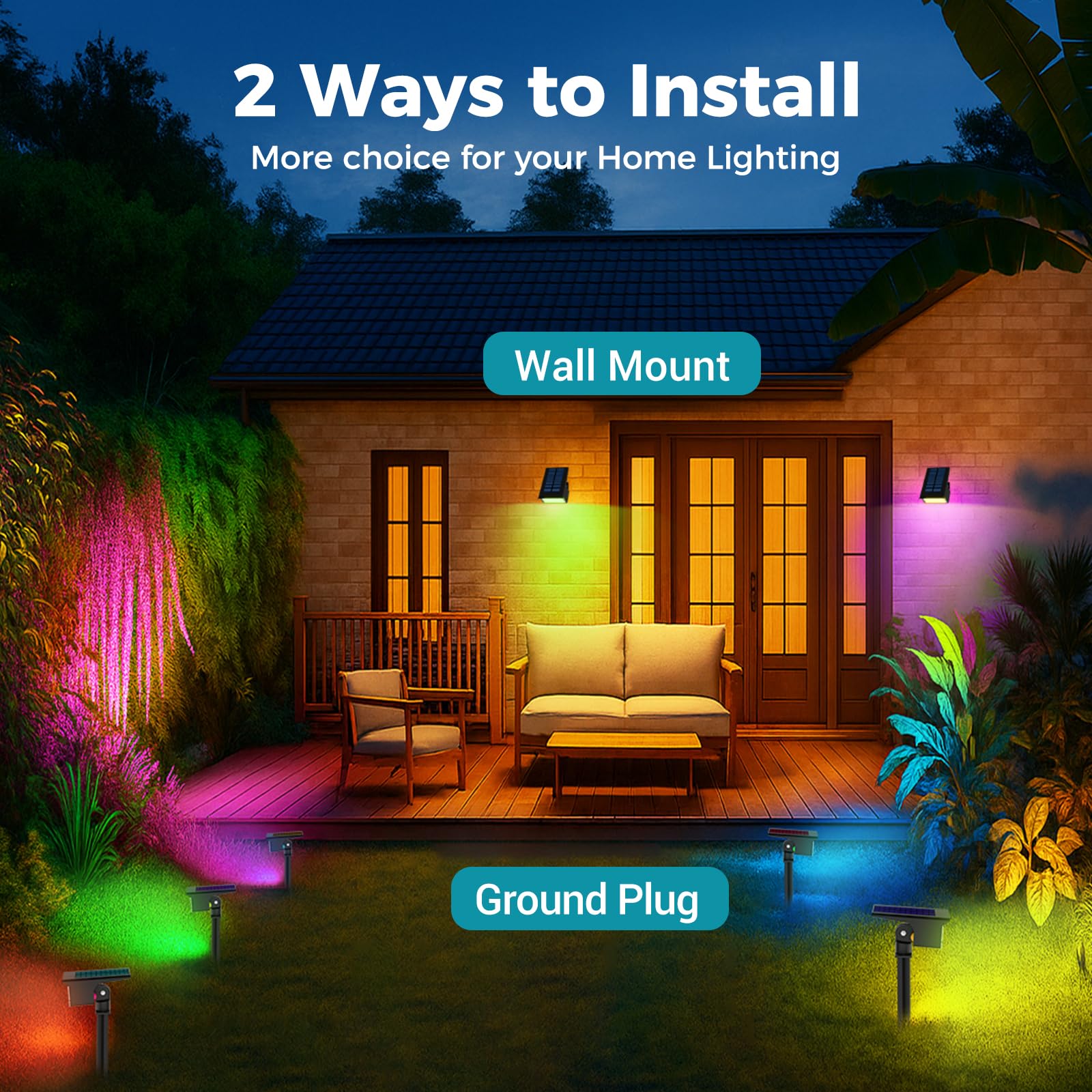 kolpop 4Stück RGB Solar Strahler, 7 Modes, 2-in-1, IP65 Wasserdicht, 800LM Bunt Außenleuchte, Dusk to Dawn Solarleuchten Gartenleuchten für Bäume, Outdoor Pflanzen, Hof