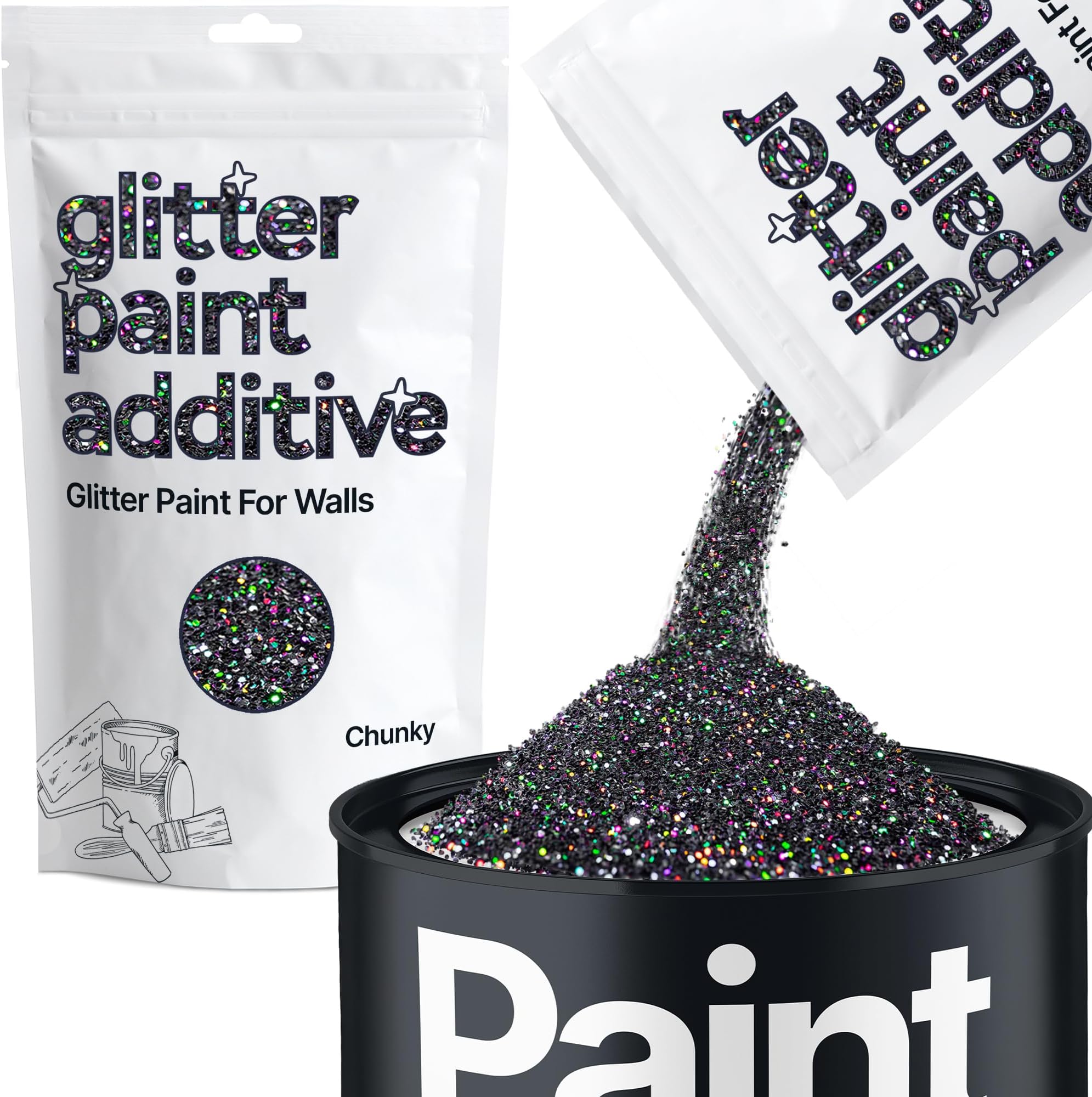 Hemway Black Holographic Glitter Paint Additive Chunky 100g for Adding Sparkle to Paints & Varnish | Paint Walls Sparkly Add to Emulsion, Acrylic or Lacquer Indoor