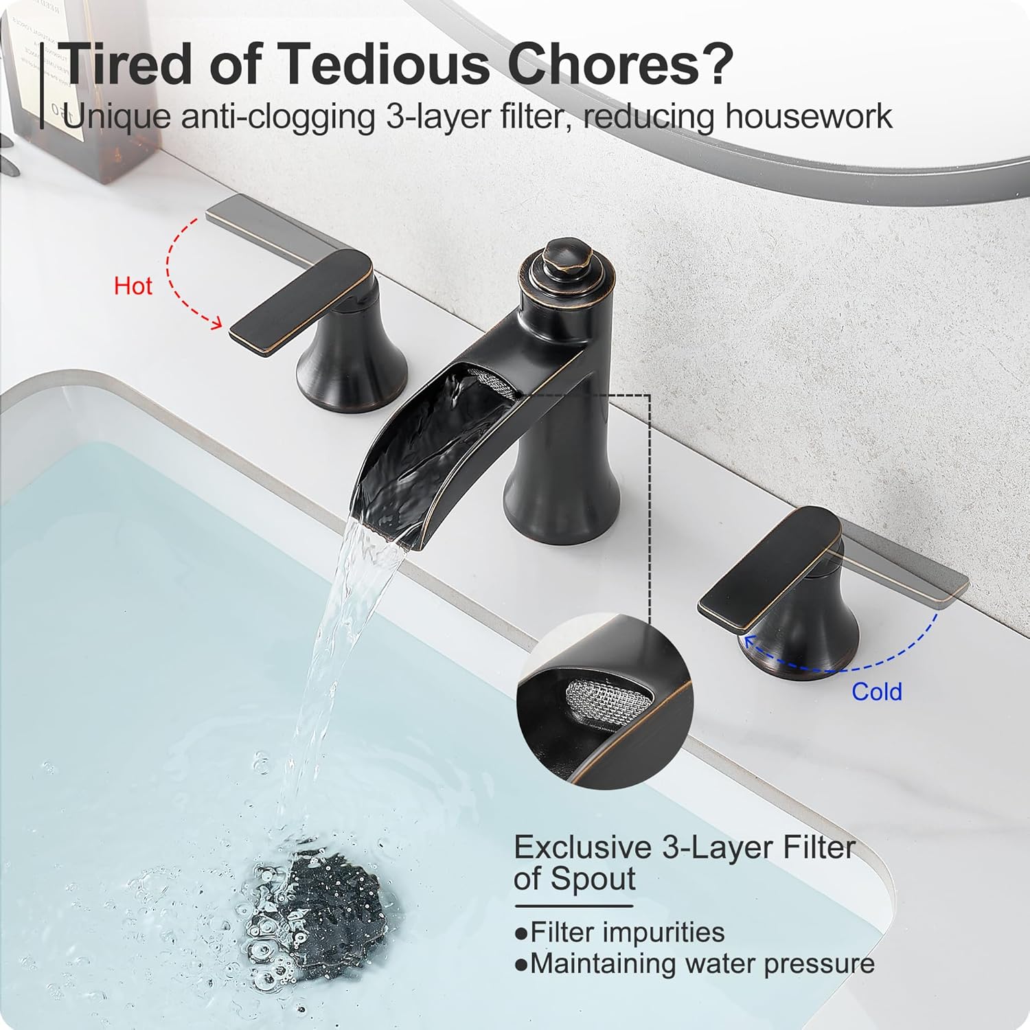Waterfall Bathroom Faucets 3 Hole, 8 Inch Brass Oil Rubbed Bronze Bathroom Faucet, 2 Handles Bathroom Sink Faucet, Widespread Faucet for Bathroom Sink with Pop-up Drain & Hose