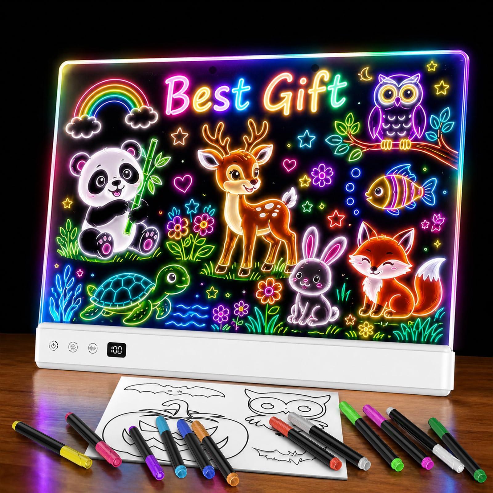 TOHETO LED Drawing Board for Kids, Rechargeable Glow Doodle LED Note Board, 16 Light Effects Acrylic Dry Erase Board, Neon Light Up Drawing Tablet Sketching Gifts Toy Ideas for Girls/Teens, 12 Markers