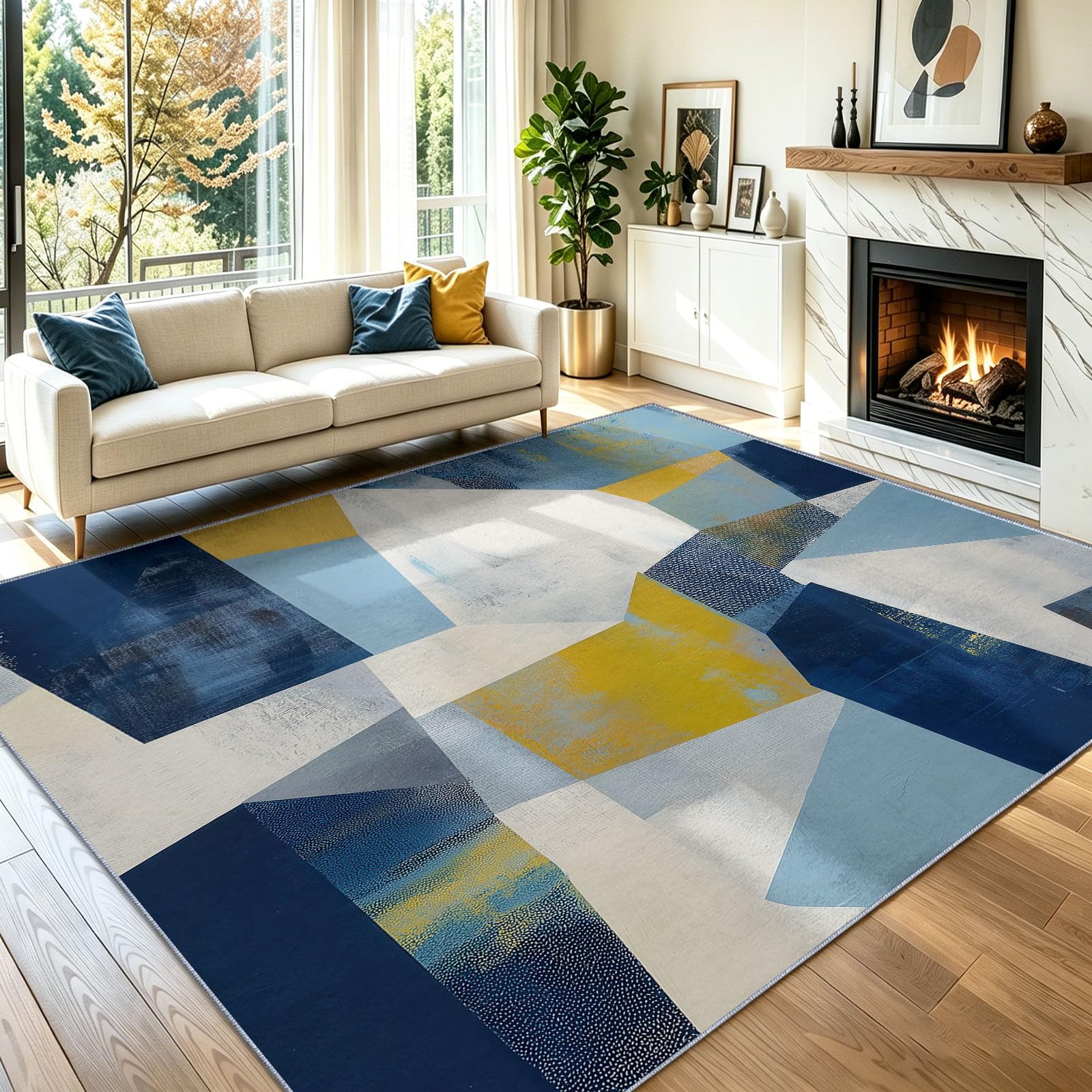 Abstrakt Polygone Farbblöcke Geometrisch Modern Teppich - Rutschfester Waschbarer Ultraweicher Niedriger Flor Flächenteppich, für Wohnzimmer Schlafzimmer Kinderzimmer - 120 x 170 cm