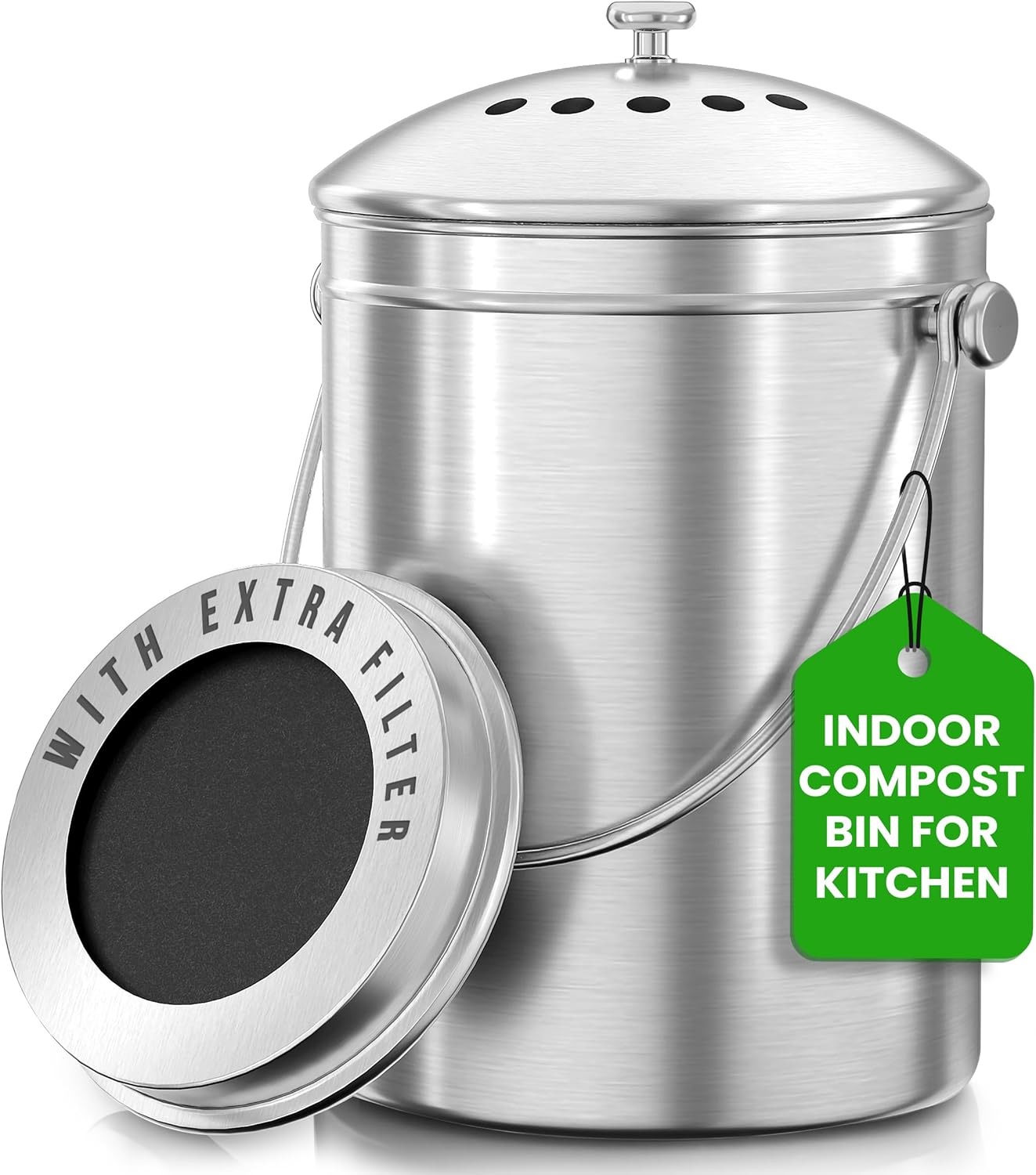 A sleek stainless steel countertop compost bin with a charcoal filter.