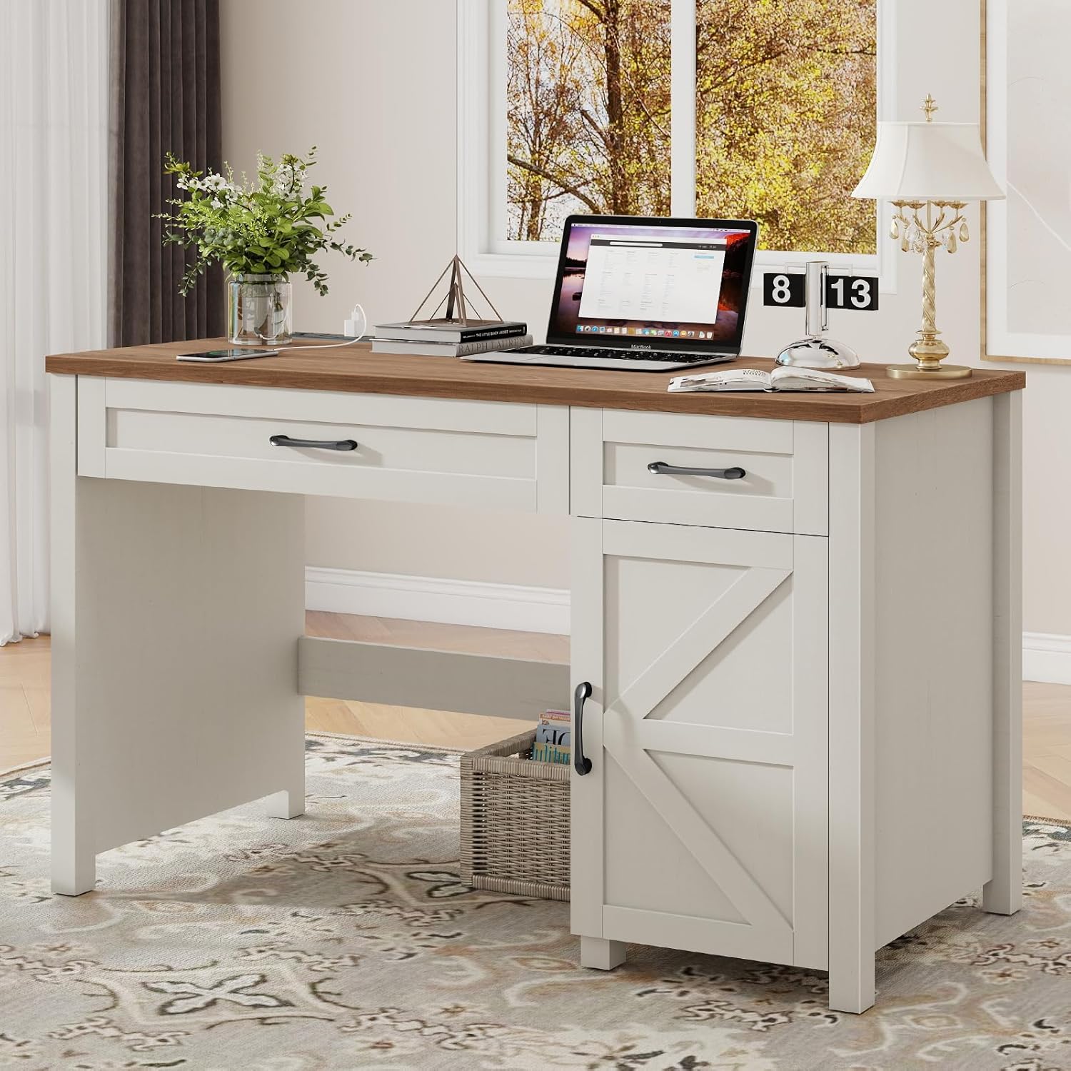 Farmhouse 47" Executive Desk, Computer Desk with Drawers and Storage Cabinet, Workstation Computer Desk for Home Office and Study.(Unique White)