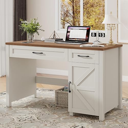 Escritorio ejecutivo Farmhouse de 47 pulgadas, escritorio para computadora con cajones y armario de almacenamiento, escritorio de computadora con